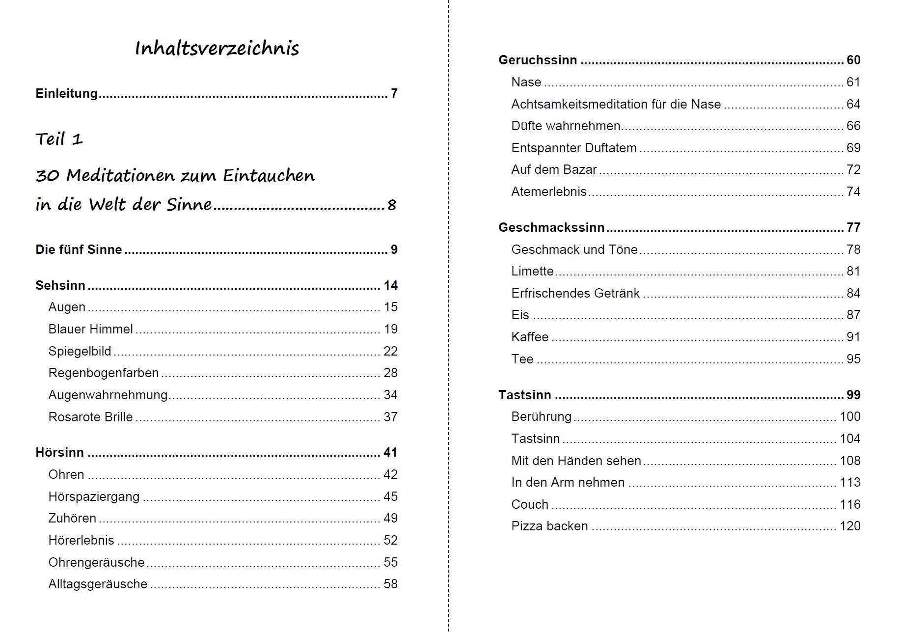 Beispielinhalt (Bild) 60 Meditationen zum Eintauchen in die Welt der Sinne und Wesenszüge des Menschen