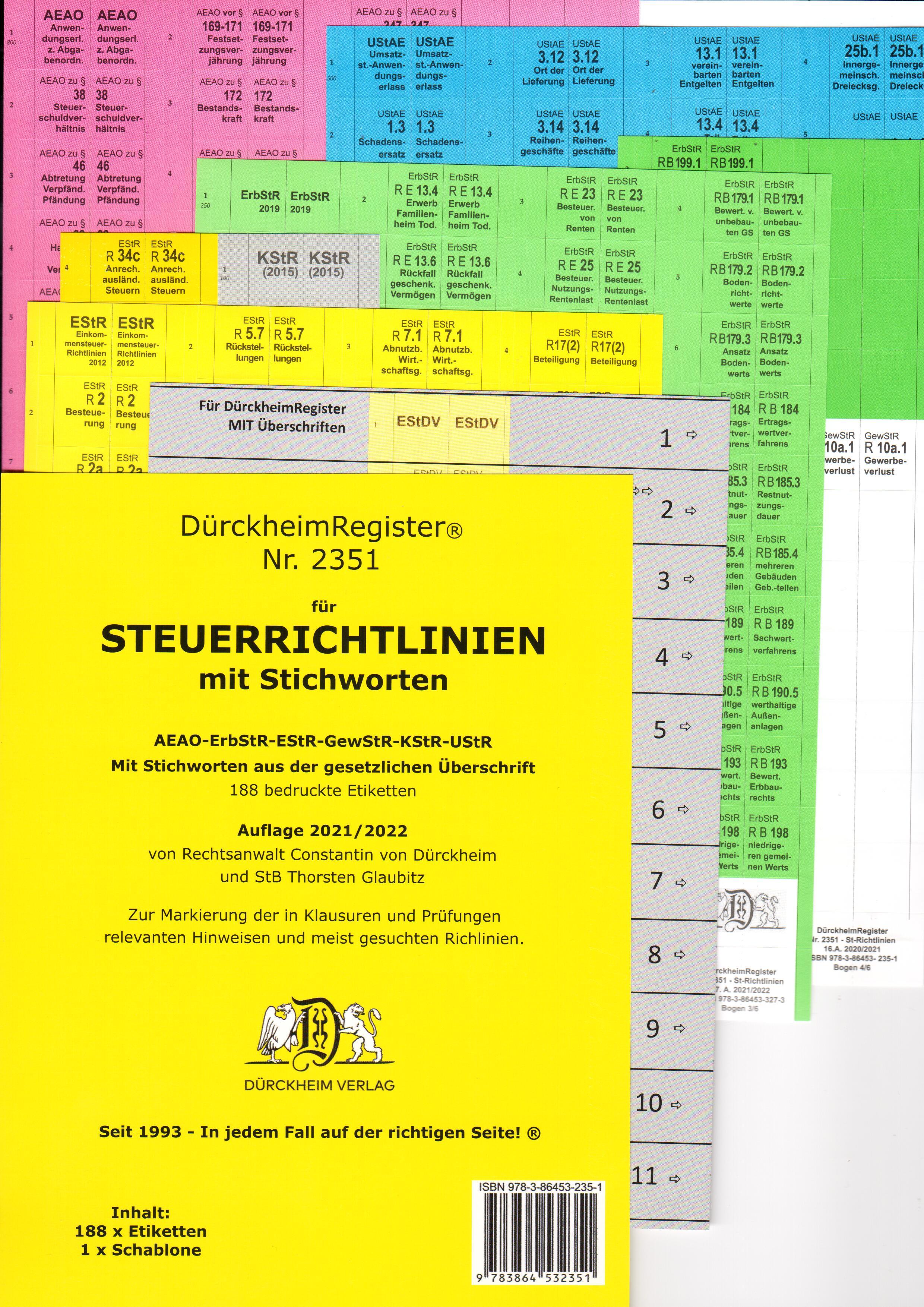 Vorderes Coverbild DürckheimRegister® STEUERRICHTLINIEN mit STICHWORTEN aus der gesetzlichen Überschrift - 2021/2022