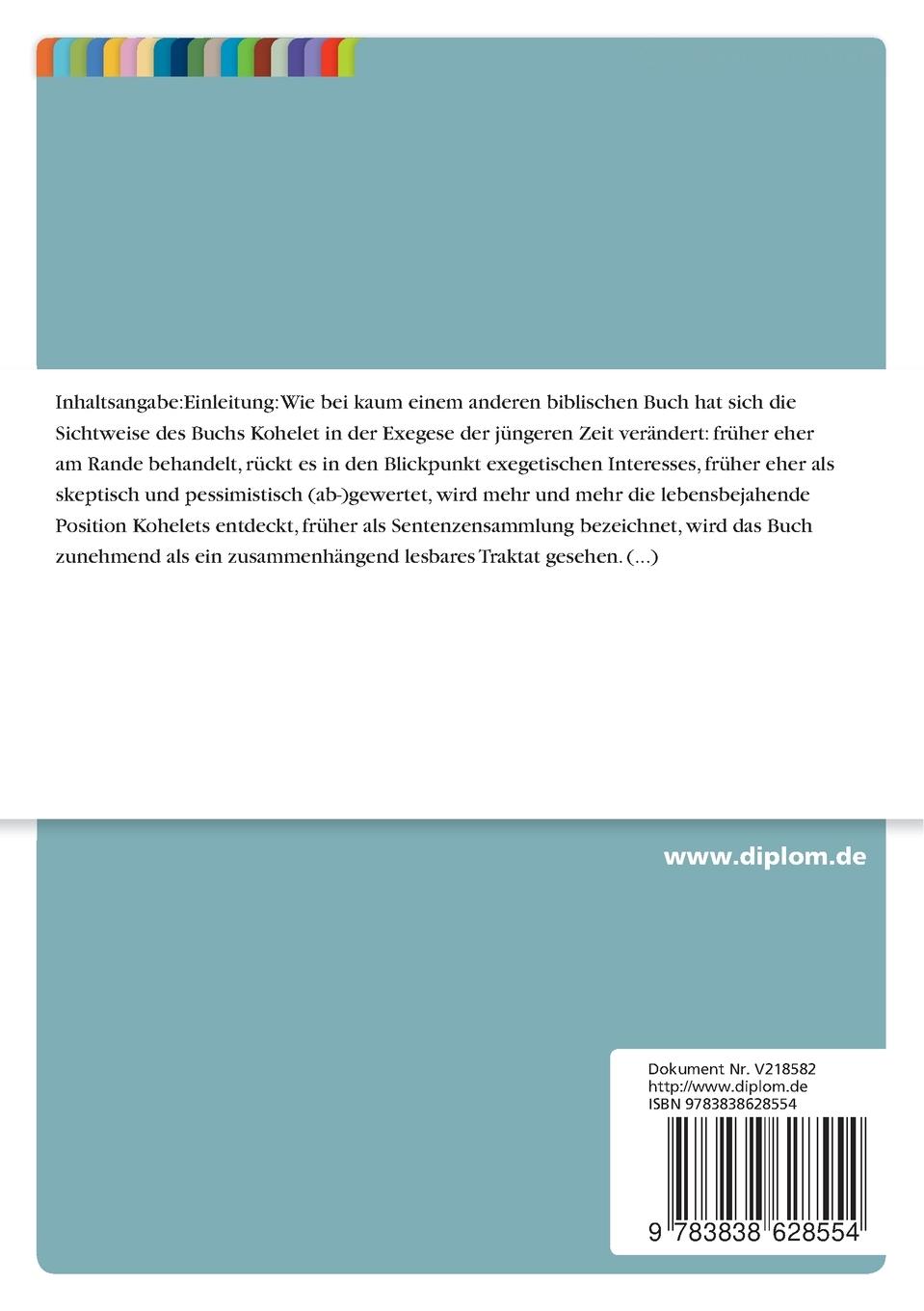 Rückseitencover Kohelet in der neueren exegetischen Diskussion