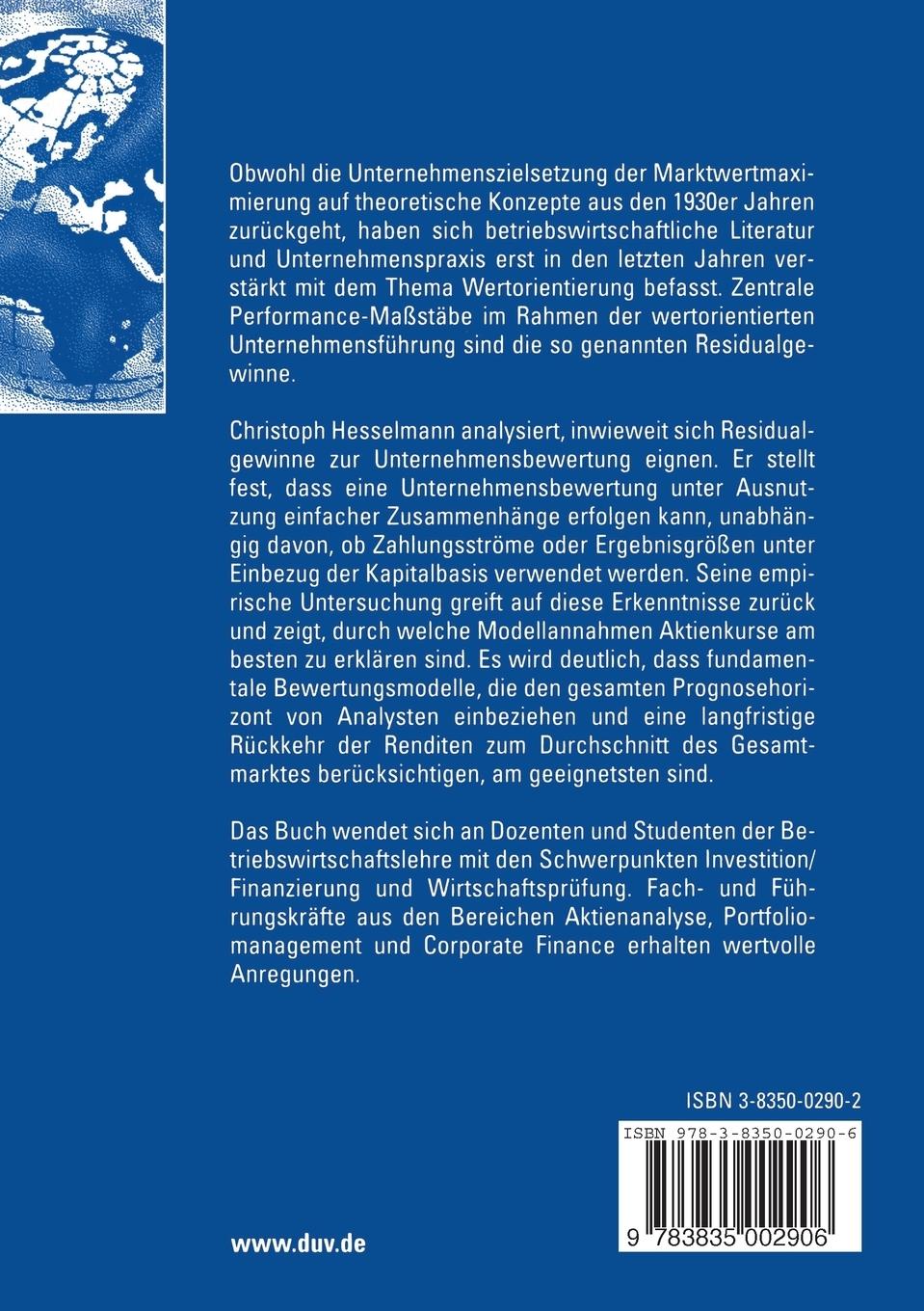 Rückseitencover Residualgewinnkonzepte zur externen Aktienanalyse