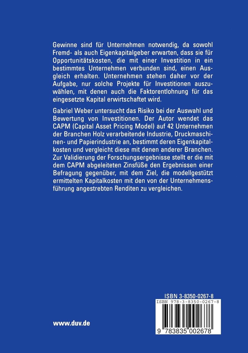 Rückseitencover Eigenkapitalkosten ausgewählter Unternehmen auf Basis der modernen Kapitalmarkttheorie