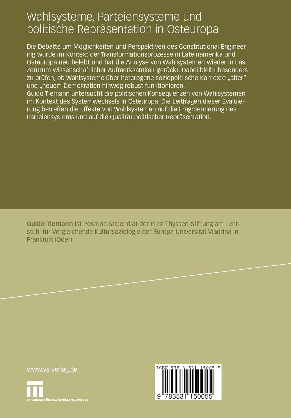 Rückseitencover Wahlsysteme, Parteiensysteme und politische Repräsentation in Osteuropa