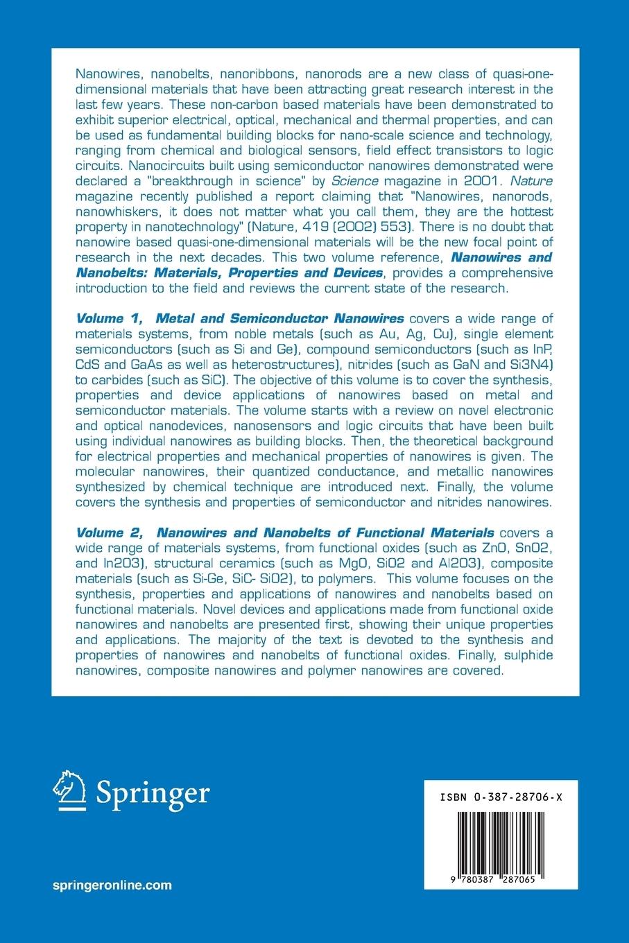 Rückseitencover Nanowires and Nanobelts: Materials, Properties and Devices