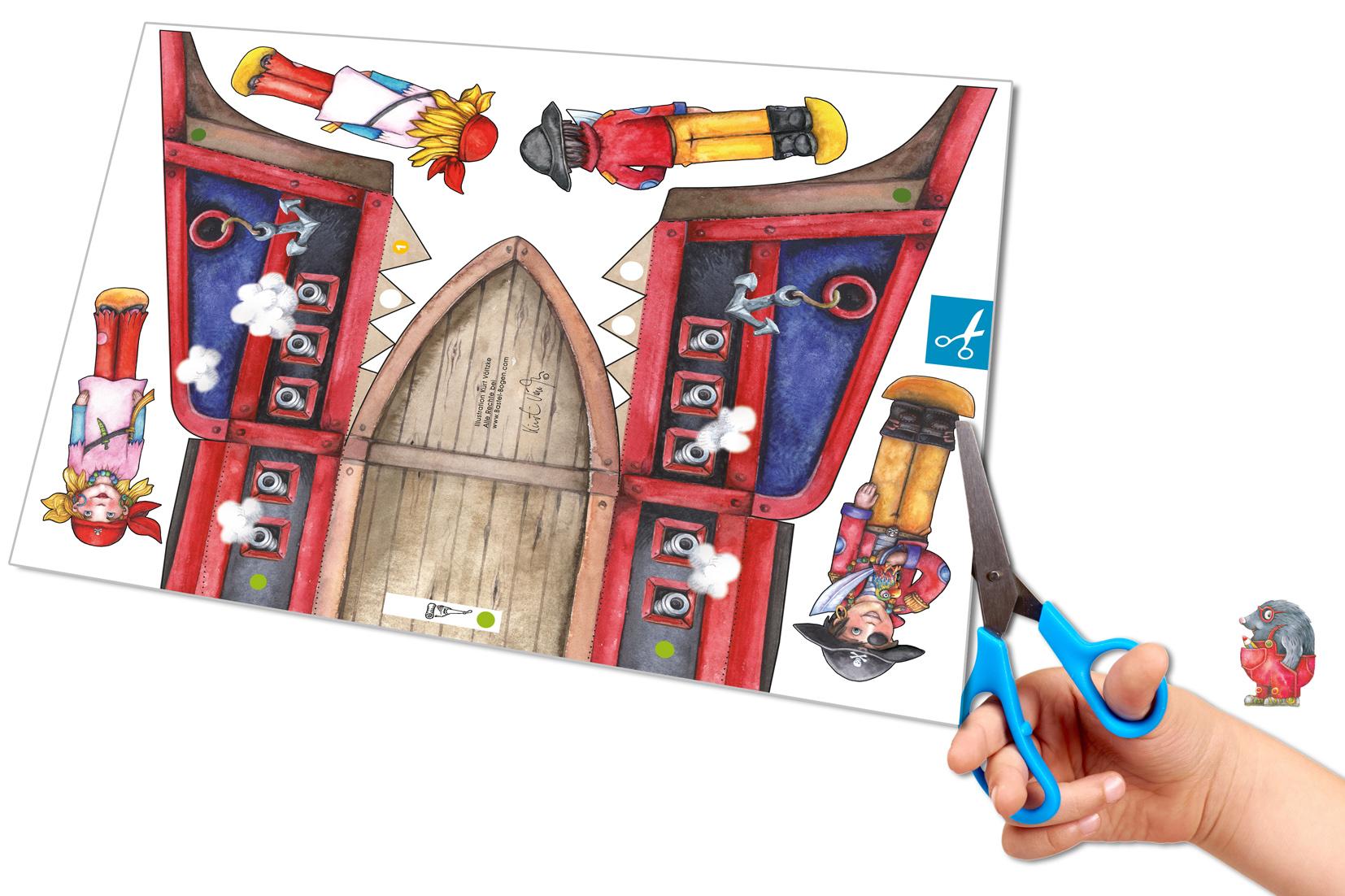Beispielinhalt (Bild) Piratenschiff Bastelbogen mit Piraten und Schatz zum Spielen