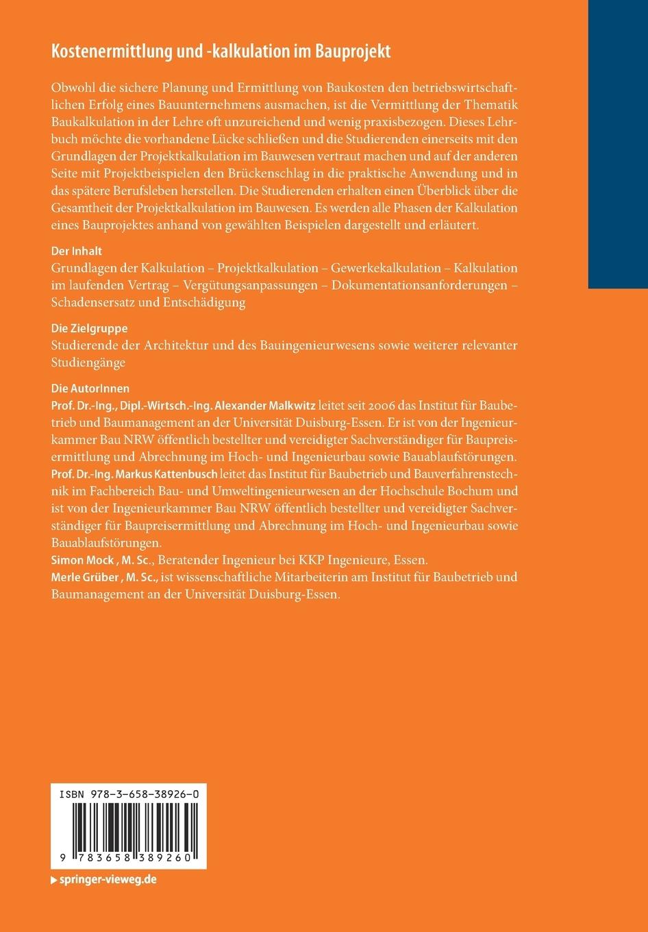 Rückseitencover Kostenermittlung und -kalkulation im Bauprojekt