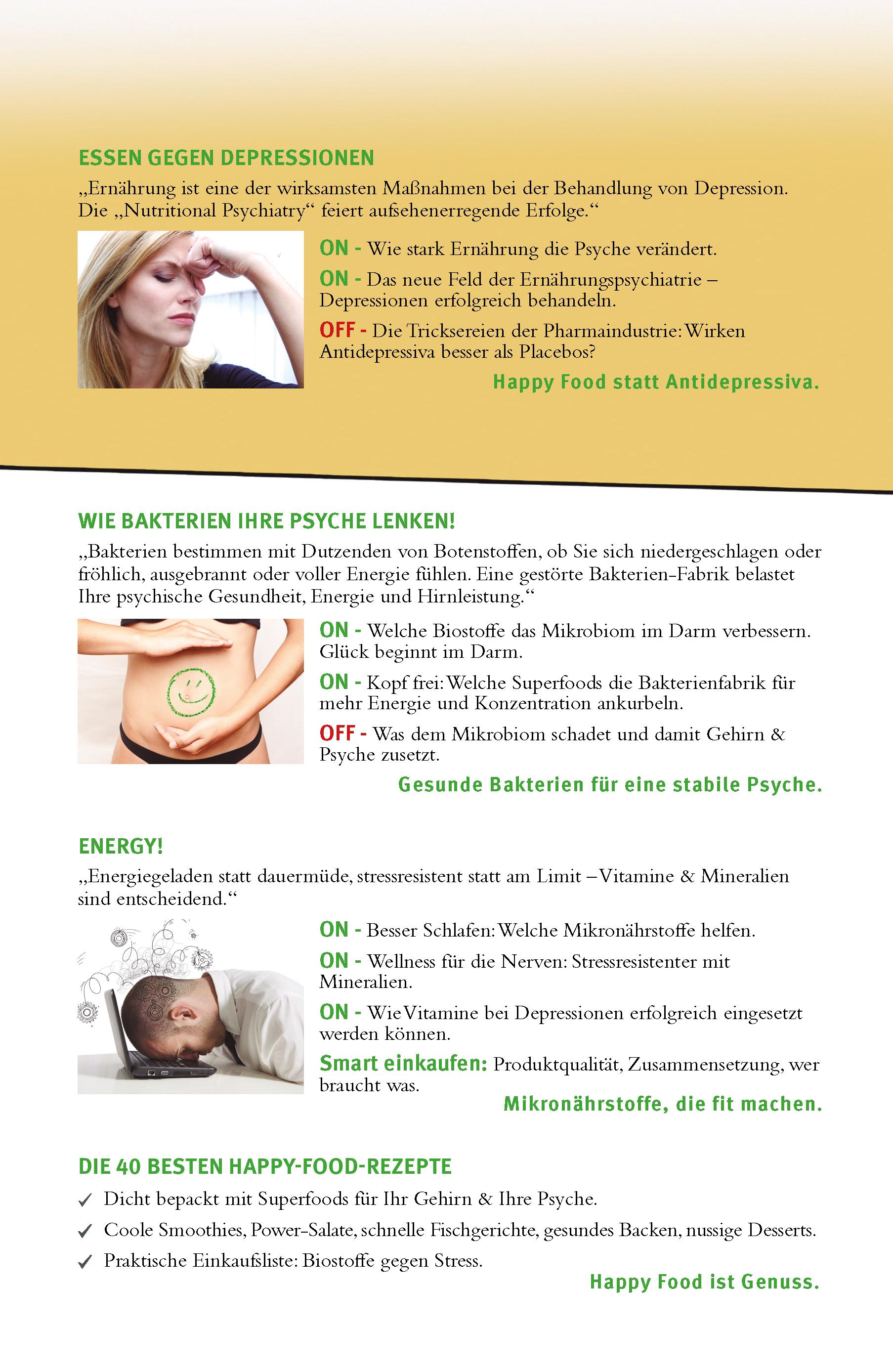 Beispielinhalt (Bild) Happy Food statt Burnout - Wie wir uns glücklich, stressresistent und geistig fit essen. Stress, Müdigkeit, Konzentration, Depressionen mit Ernährung verbessern. Superfoods für Gehirn & Psyche.