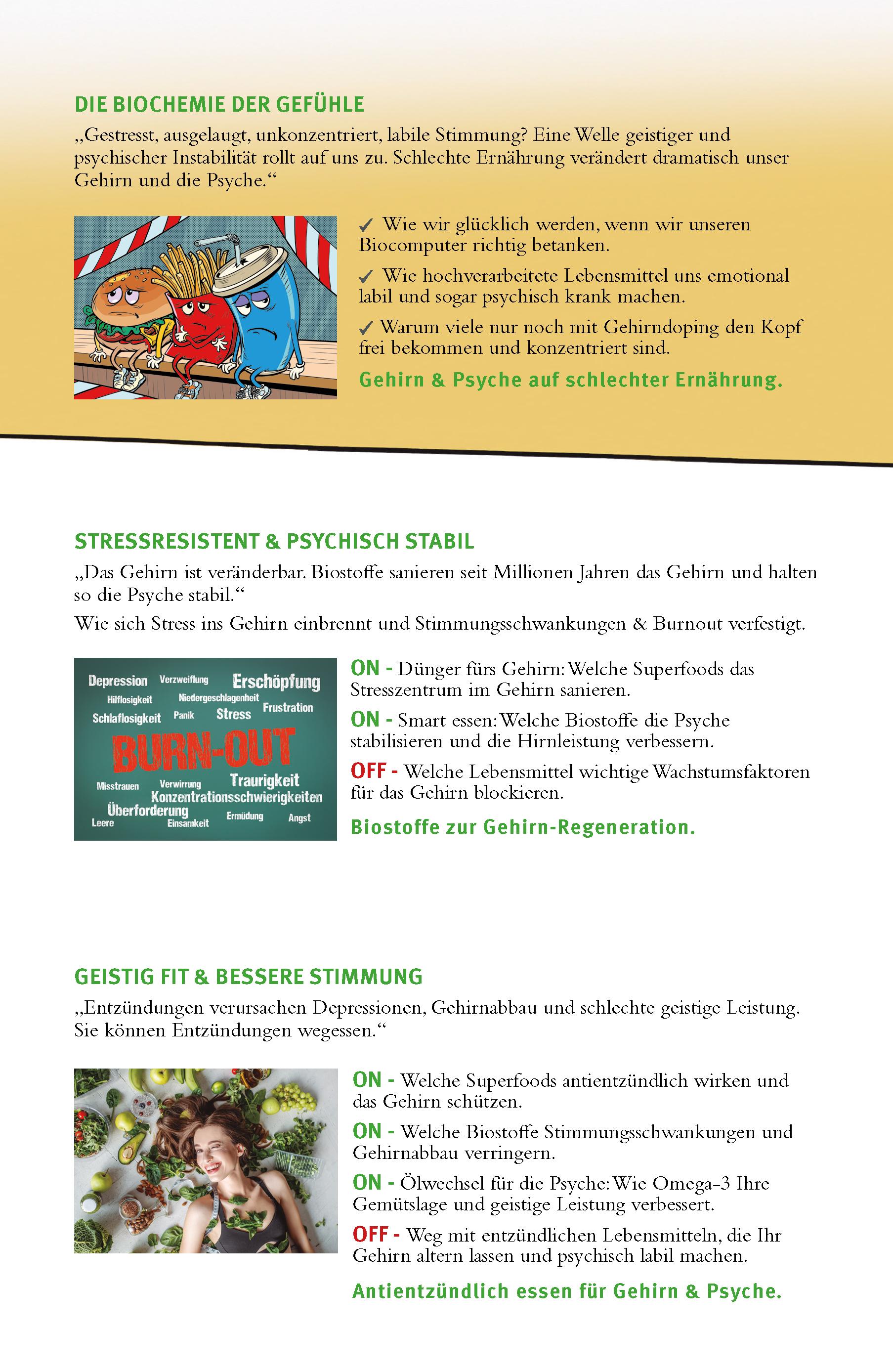 Beispielinhalt (Bild) Happy Food statt Burnout - Wie wir uns glücklich, stressresistent und geistig fit essen. Stress, Müdigkeit, Konzentration, Depressionen mit Ernährung verbessern. Superfoods für Gehirn & Psyche.