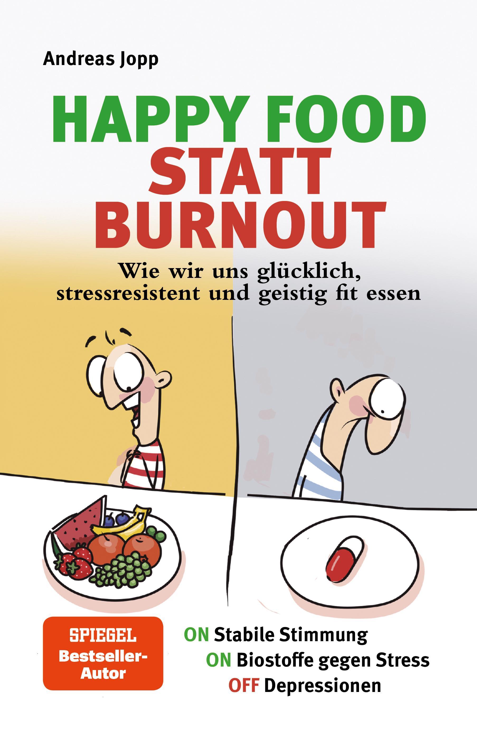 Vorderes Coverbild Happy Food statt Burnout - Wie wir uns glücklich, stressresistent und geistig fit essen. Stress, Müdigkeit, Konzentration, Depressionen mit Ernährung verbessern. Superfoods für Gehirn & Psyche.