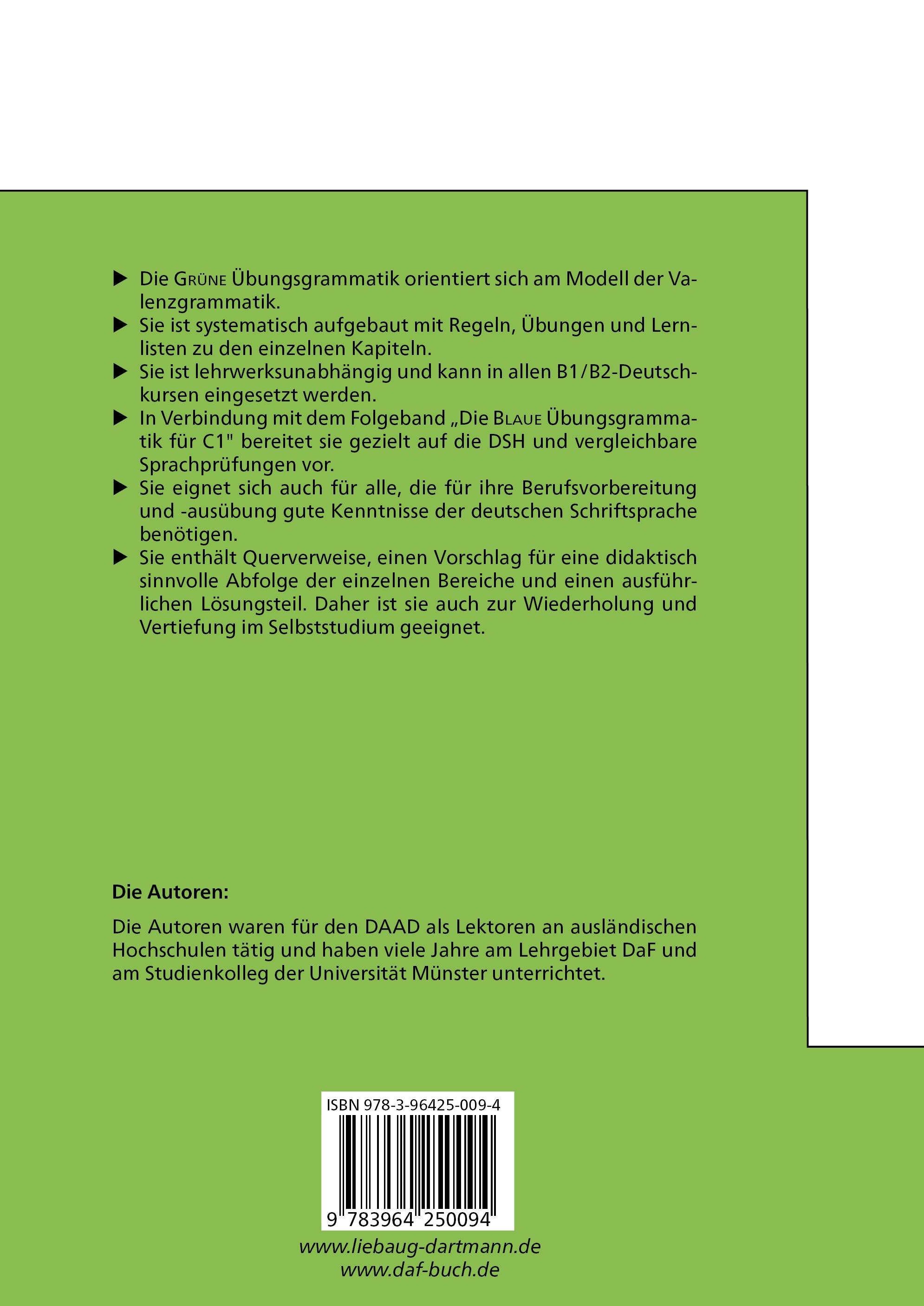 Rückseitencover Die Grüne. Übungsgrammatik für B1/B2