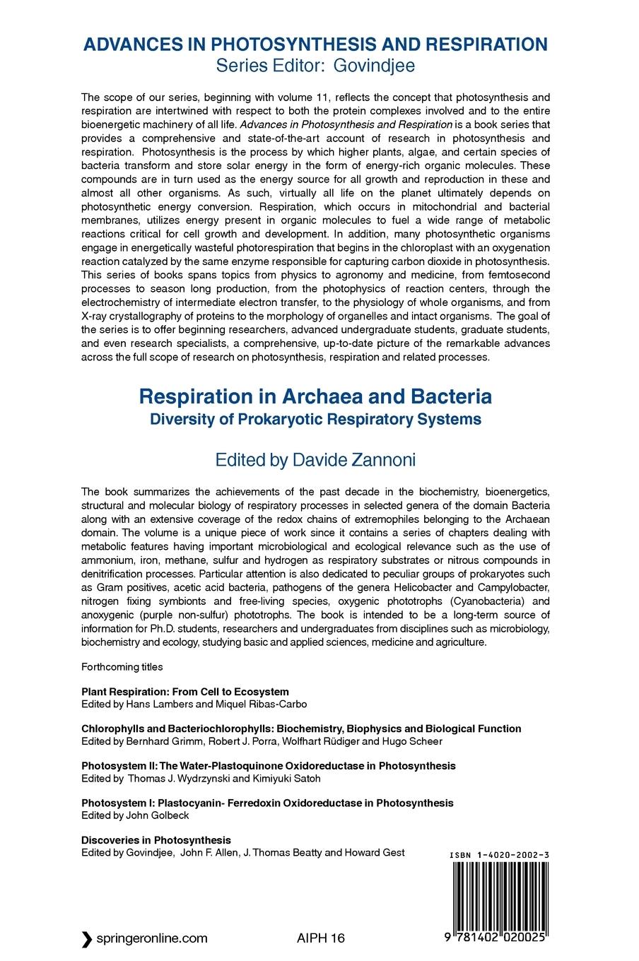 Rückseitencover Respiration in Archaea and Bacteria