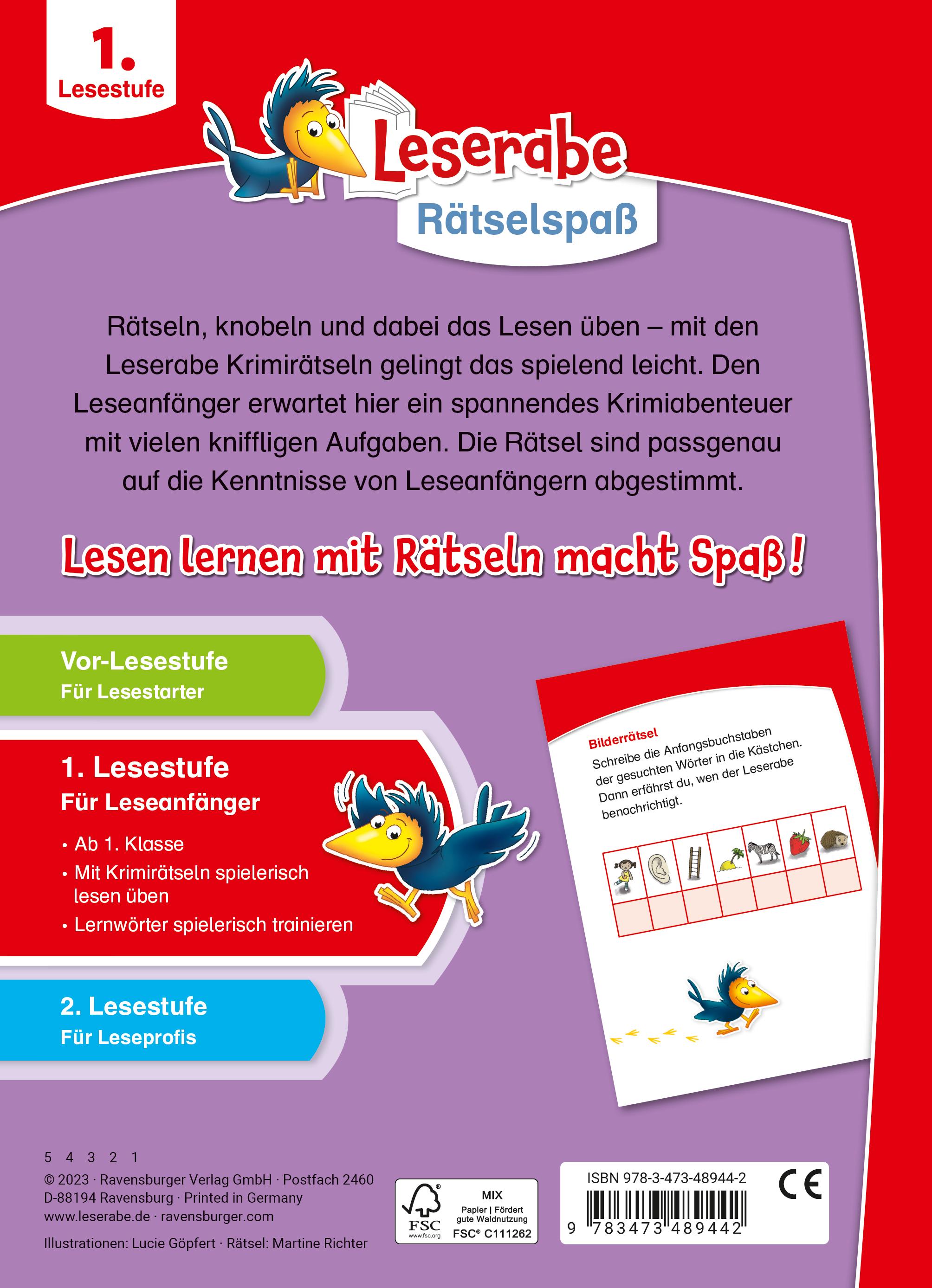 Rückseitencover Leserabe - Rätselspaß - Krimirätsel zum Lesenlernen, 1. Lesestufe