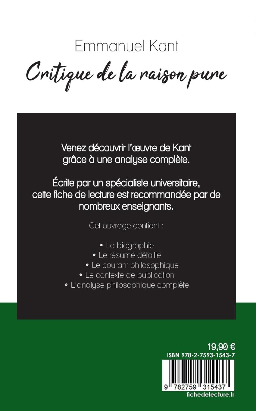 Rückseitencover Critique de la raison pure de Kant (fiche de lecture et analyse complète de l'oeuvre)