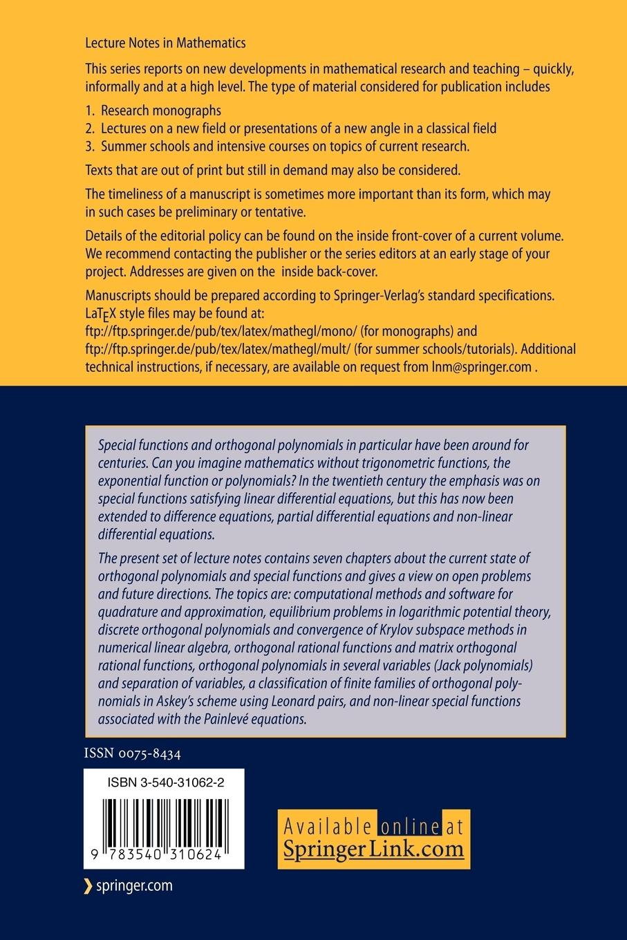 Rückseitencover Orthogonal Polynomials and Special Functions