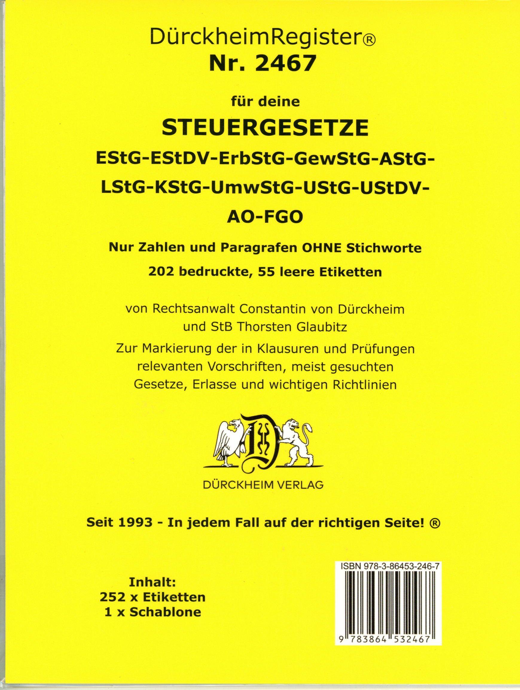 Vorderes Coverbild DürckheimRegister® Steuergesetze EStG-EStDV-Erb-StG-GewStG-AStG-LStG-KStG-UmwStG-UStF-UStDV-AO-FGO