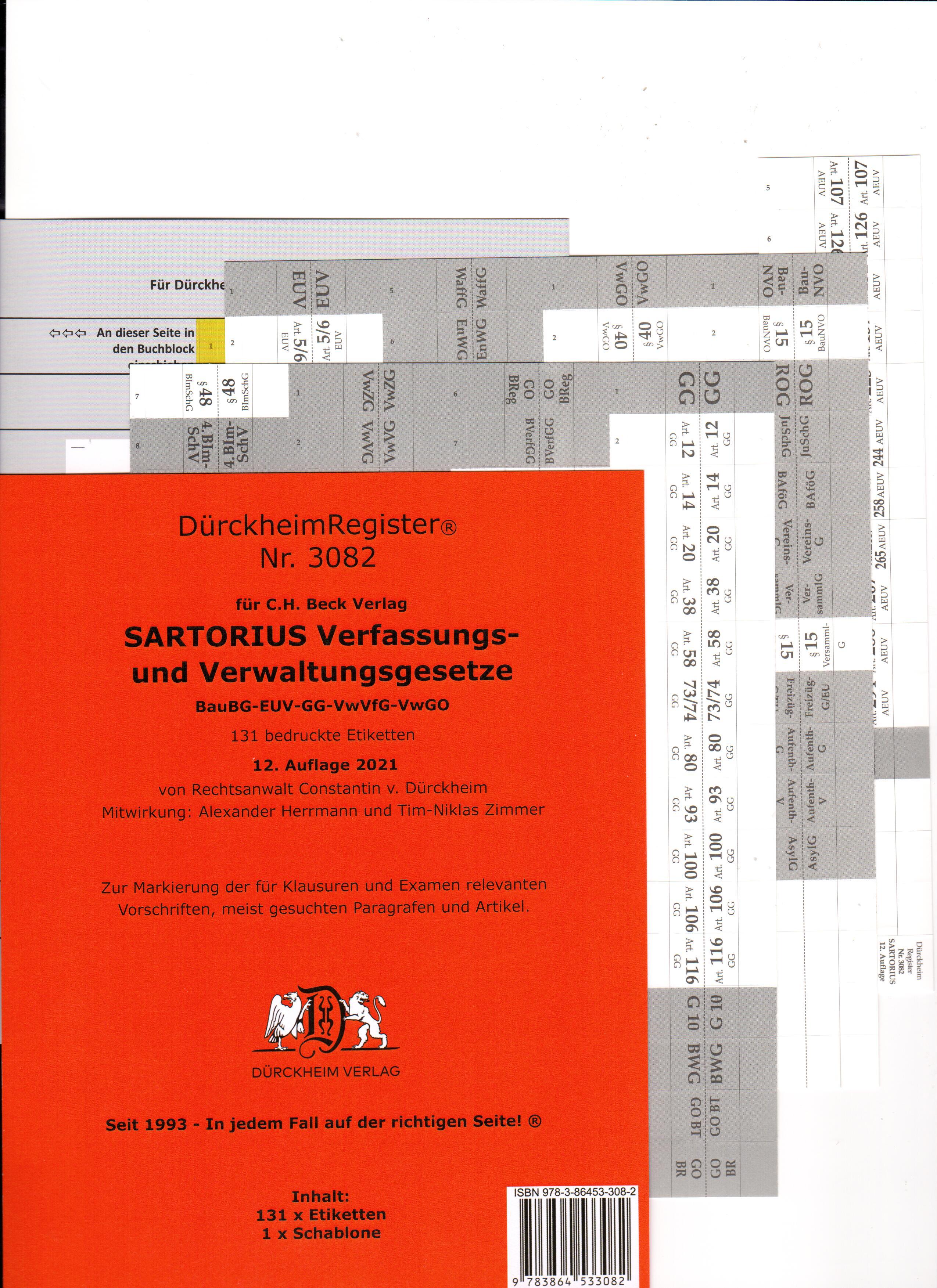 Vorderes Coverbild DürckheimRegister SARTORIUS 3082 - Verwaltungs- und Verfassungsgesetze 2022