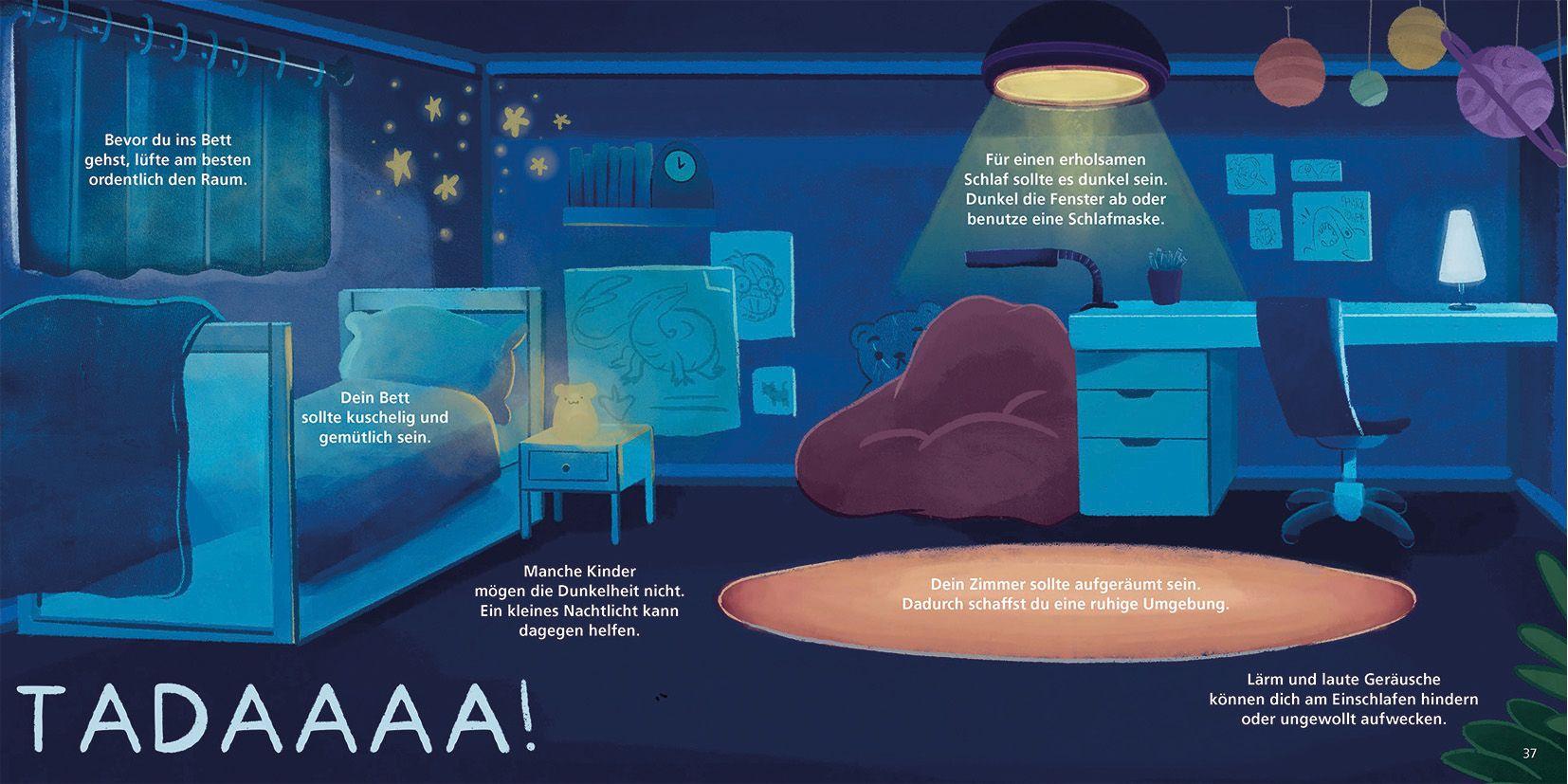 Beispielinhalt (Bild) Die Suche nach der guten Nacht. Ein Kinderfachbuch über Schlaf und Schlafhygiene.