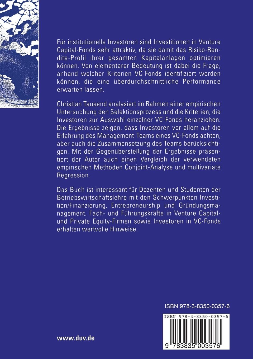 Rückseitencover Selektion von Venture Capital-Fonds durch institutionelle Investoren