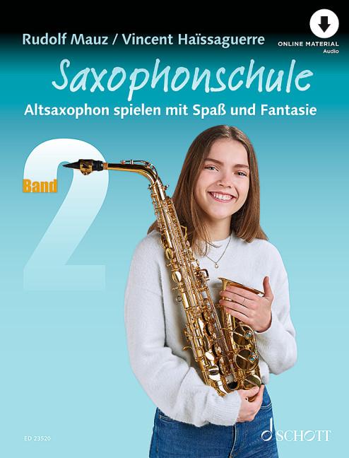 Vorderes Coverbild Saxophonschule 2. Alt-Saxophon. Lehrbuch.