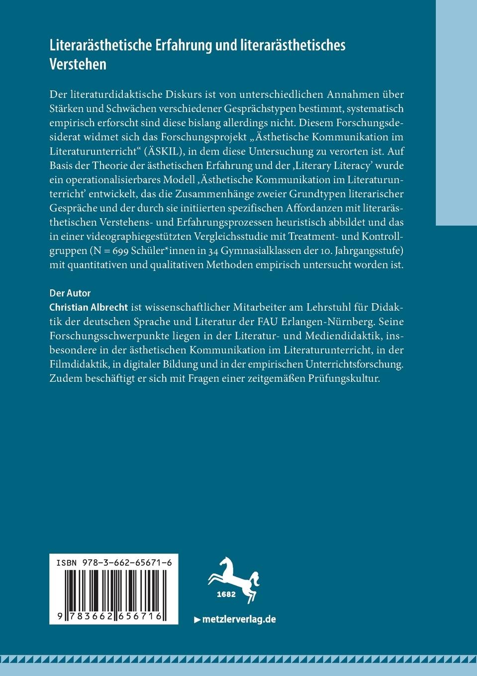 Rückseitencover Literarästhetische Erfahrung und literarästhetisches Verstehen