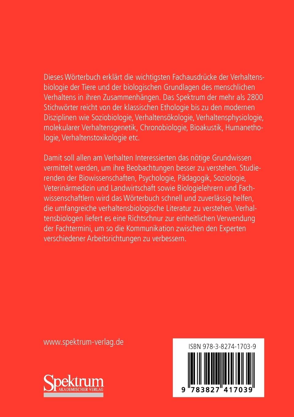 Rückseitencover Wörterbuch zur Verhaltensbiologie der Tiere und des Menschen