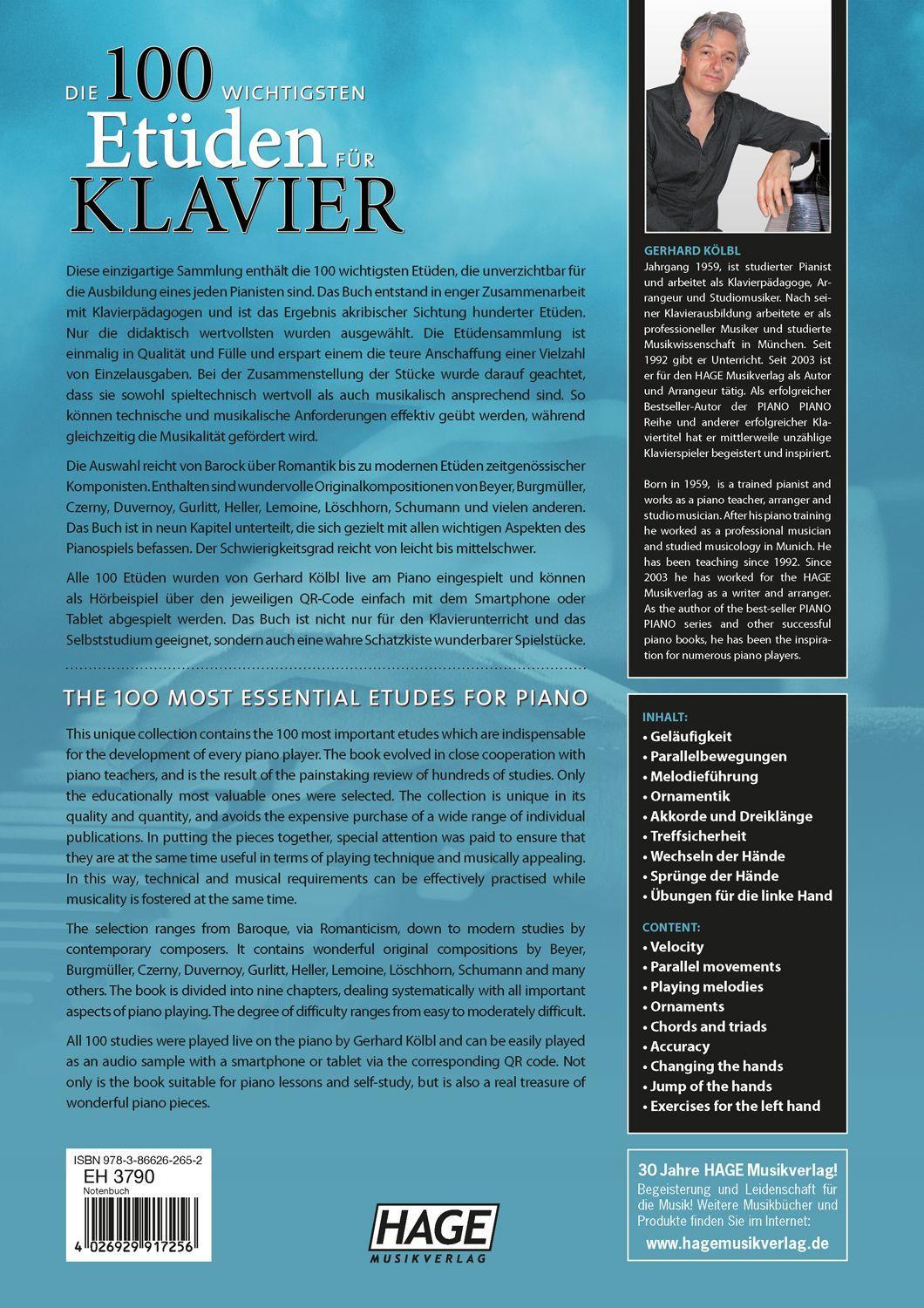 Beispielinhalt (Bild) Die 100 wichtigsten Etüden für Klavier + QR-Codes