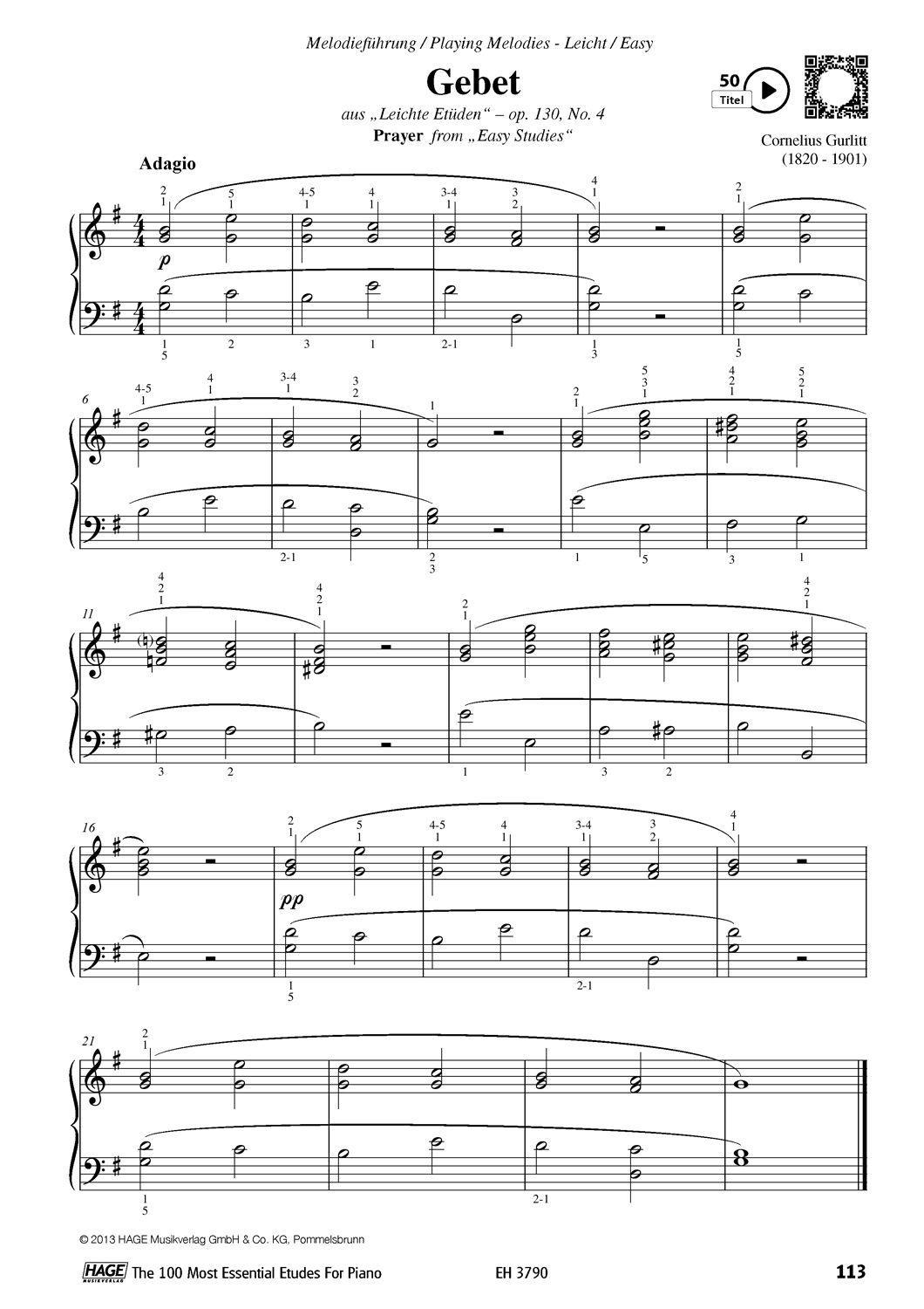 Beispielinhalt (Bild) Die 100 wichtigsten Etüden für Klavier + QR-Codes