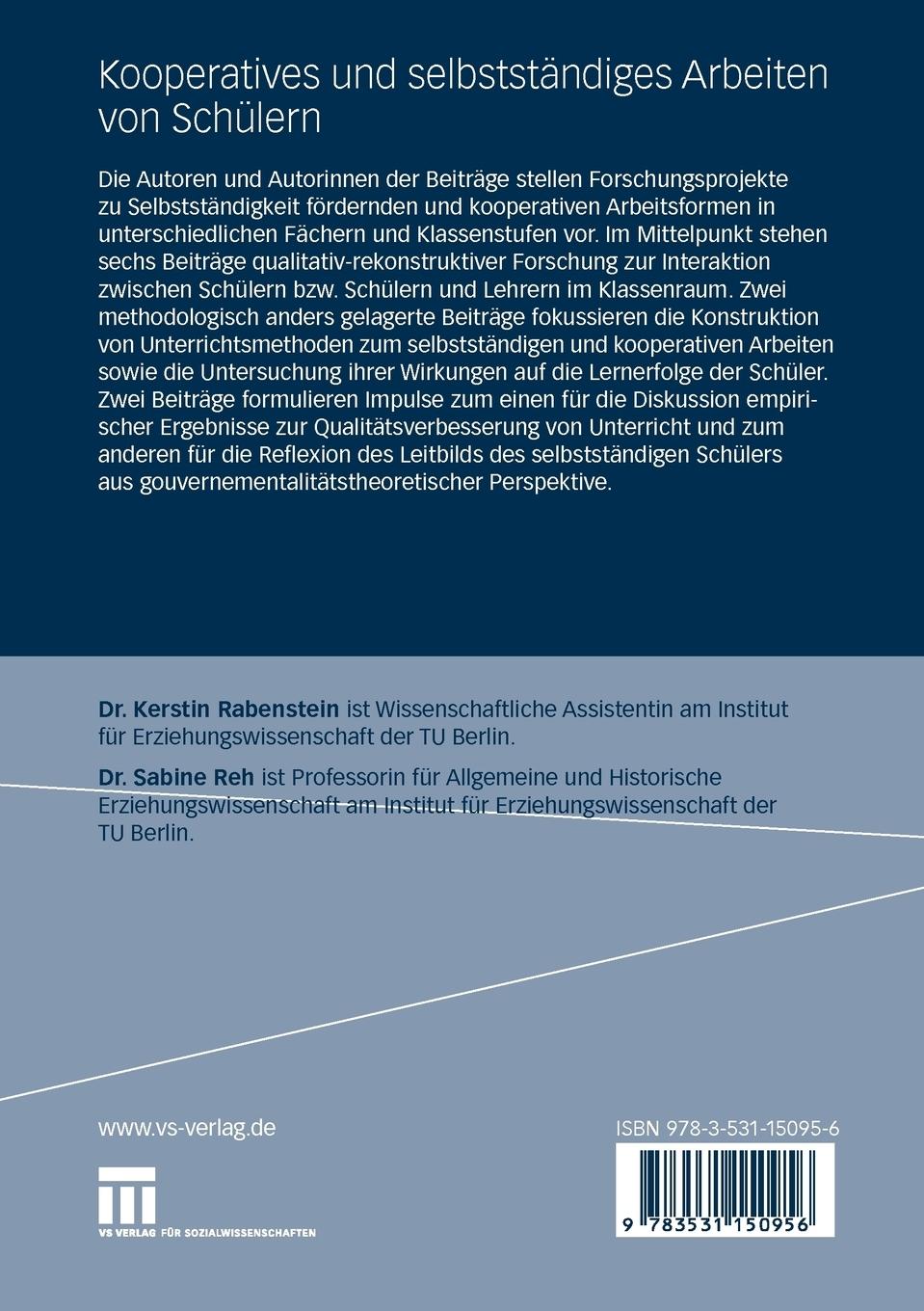 Rückseitencover Kooperatives und selbständiges Arbeiten von Schülern