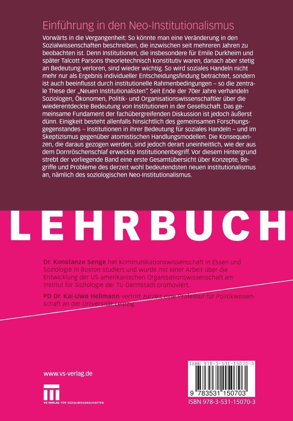 Rückseitencover Einführung in den Neo-Institutionalismus