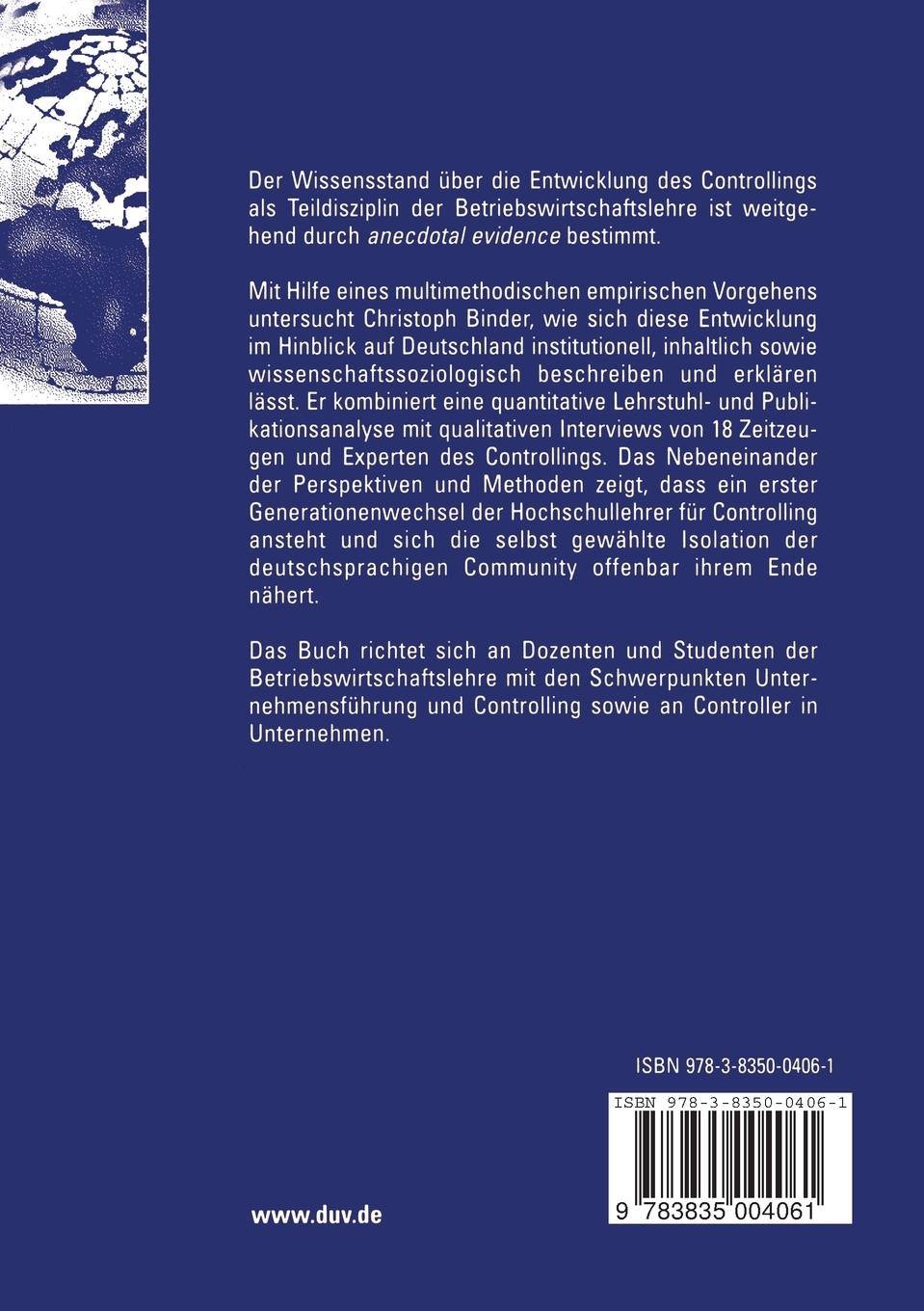Rückseitencover Die Entwicklung des Controllings als Teildisziplin der Betriebswirtschaftslehre