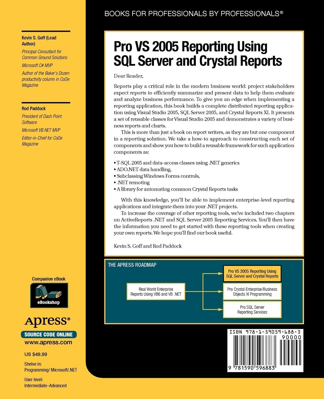 Rückseitencover Pro VS 2005 Reporting using SQL Server and Crystal Reports