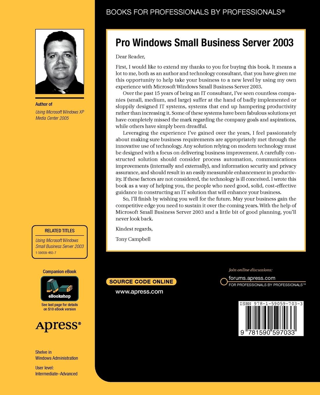 Rückseitencover Pro Windows Small Business Server 2003