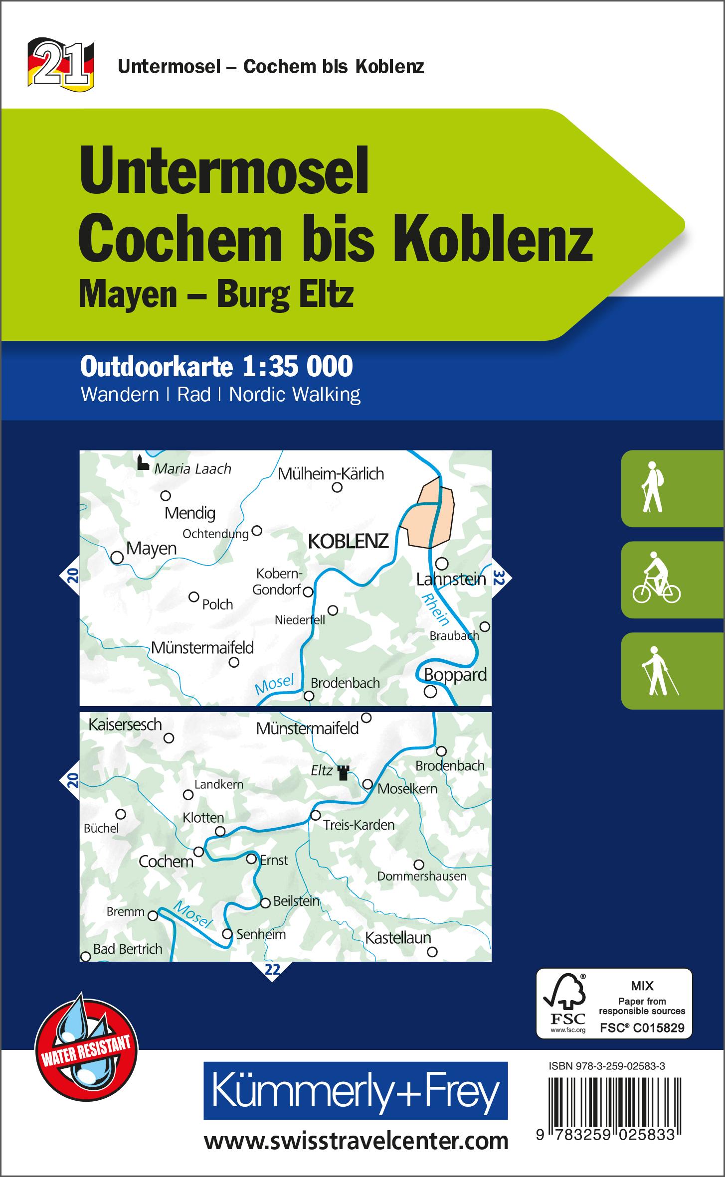 Rückseitencover Kümmerly+Frey Outdoorkarte Deutschland 21 Untermosel, Cochem bis Koblenz 1:35.000