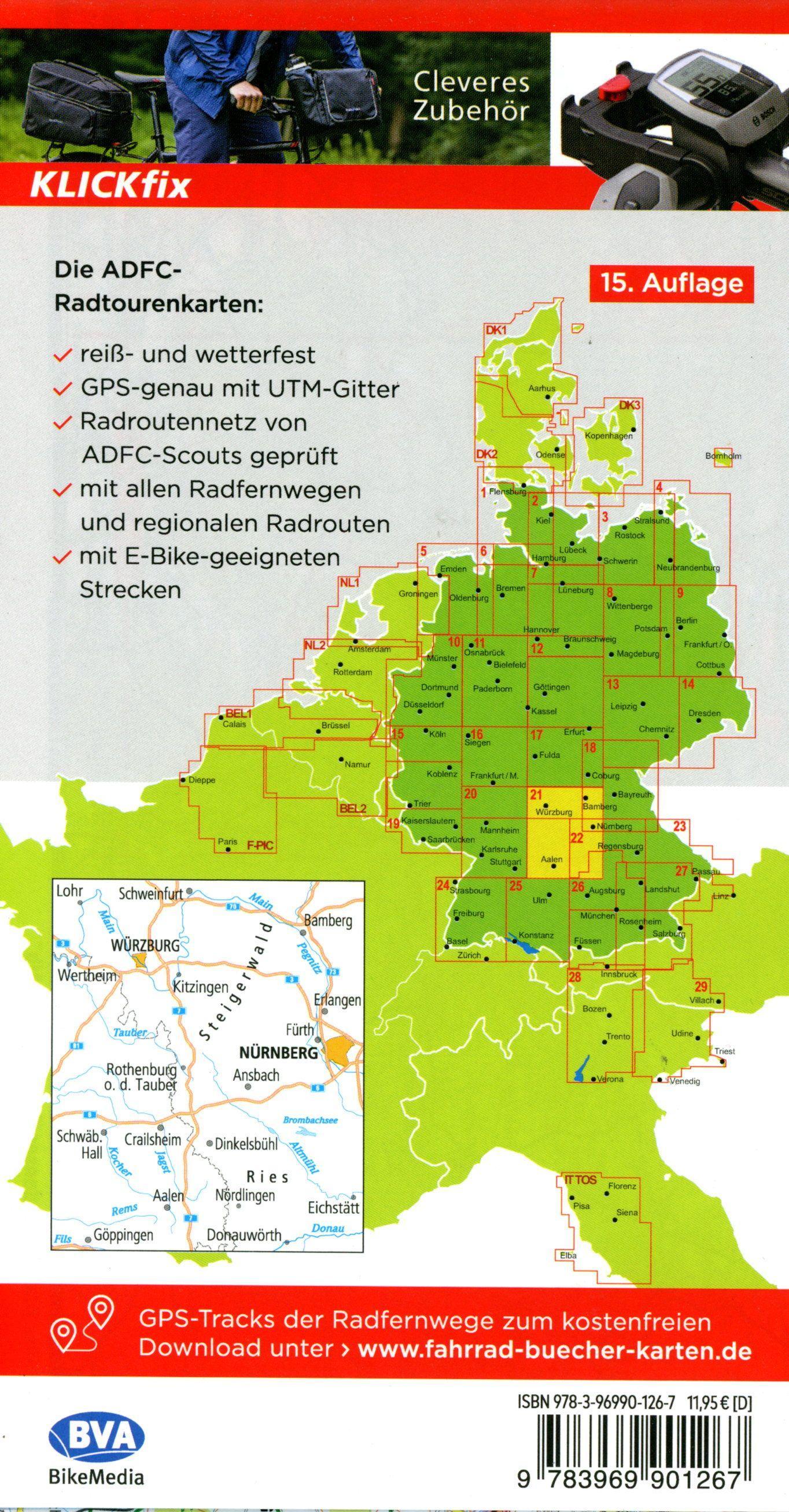 Beispielinhalt (Bild) ADFC-Radtourenkarte 21 Mainfranken Taubertal 1:150.000, reiß- und wetterfest, E-Bike geeignet, GPS-Tracks Download, mit Bett+Bike Symbolen, mit Kilometer-Angaben