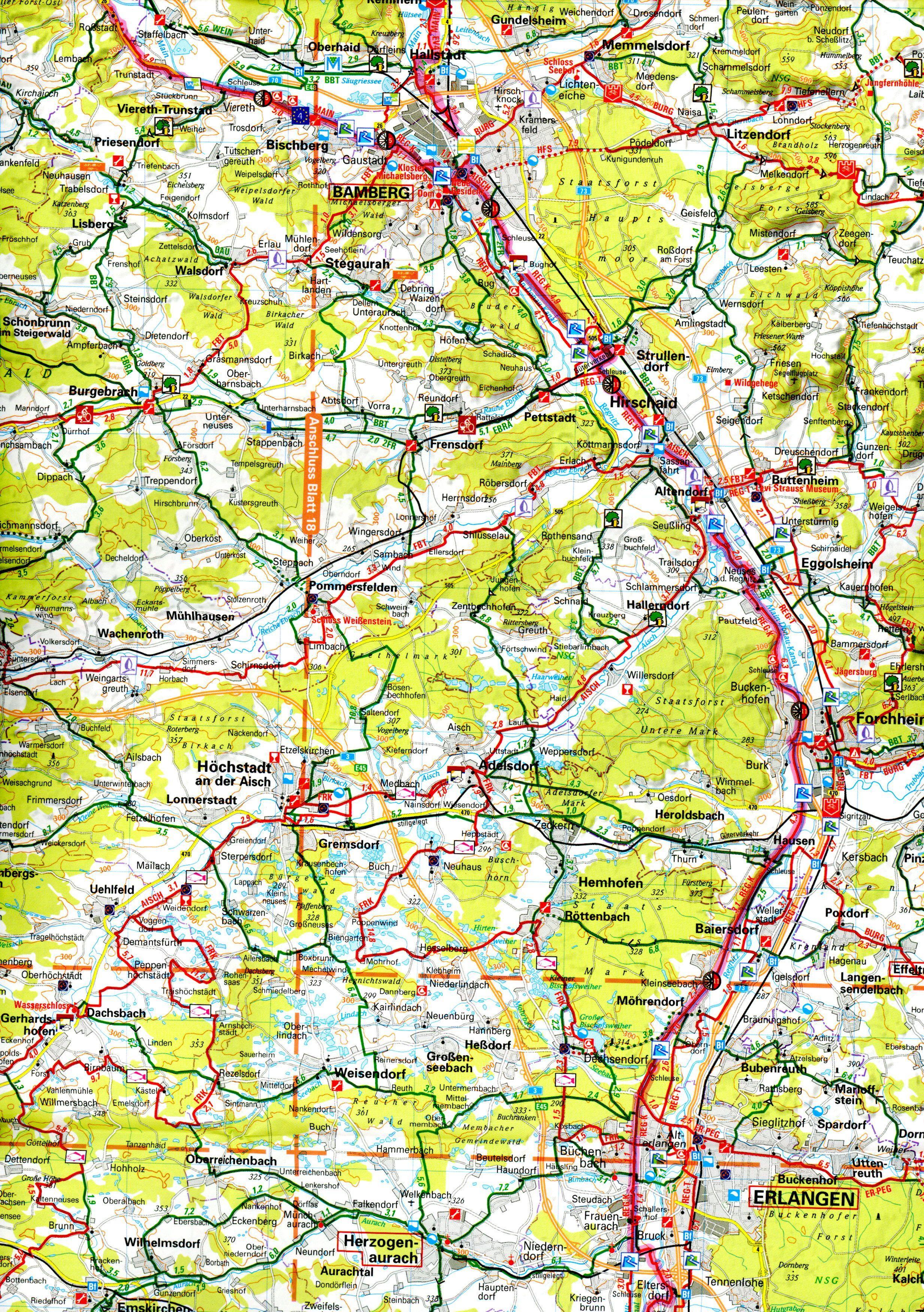 Beispielinhalt (Bild) ADFC-Radtourenkarte 21 Mainfranken Taubertal 1:150.000, reiß- und wetterfest, E-Bike geeignet, GPS-Tracks Download, mit Bett+Bike Symbolen, mit Kilometer-Angaben