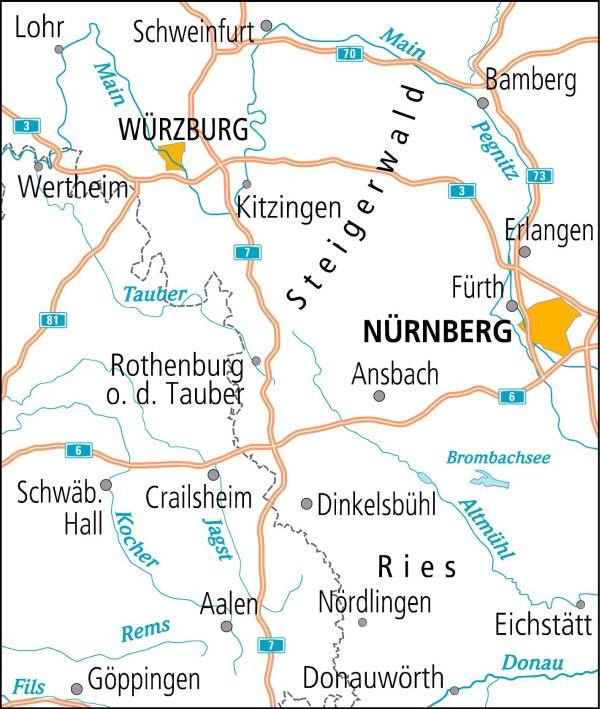 Rückseitencover ADFC-Radtourenkarte 21 Mainfranken Taubertal 1:150.000, reiß- und wetterfest, E-Bike geeignet, GPS-Tracks Download, mit Bett+Bike Symbolen, mit Kilometer-Angaben