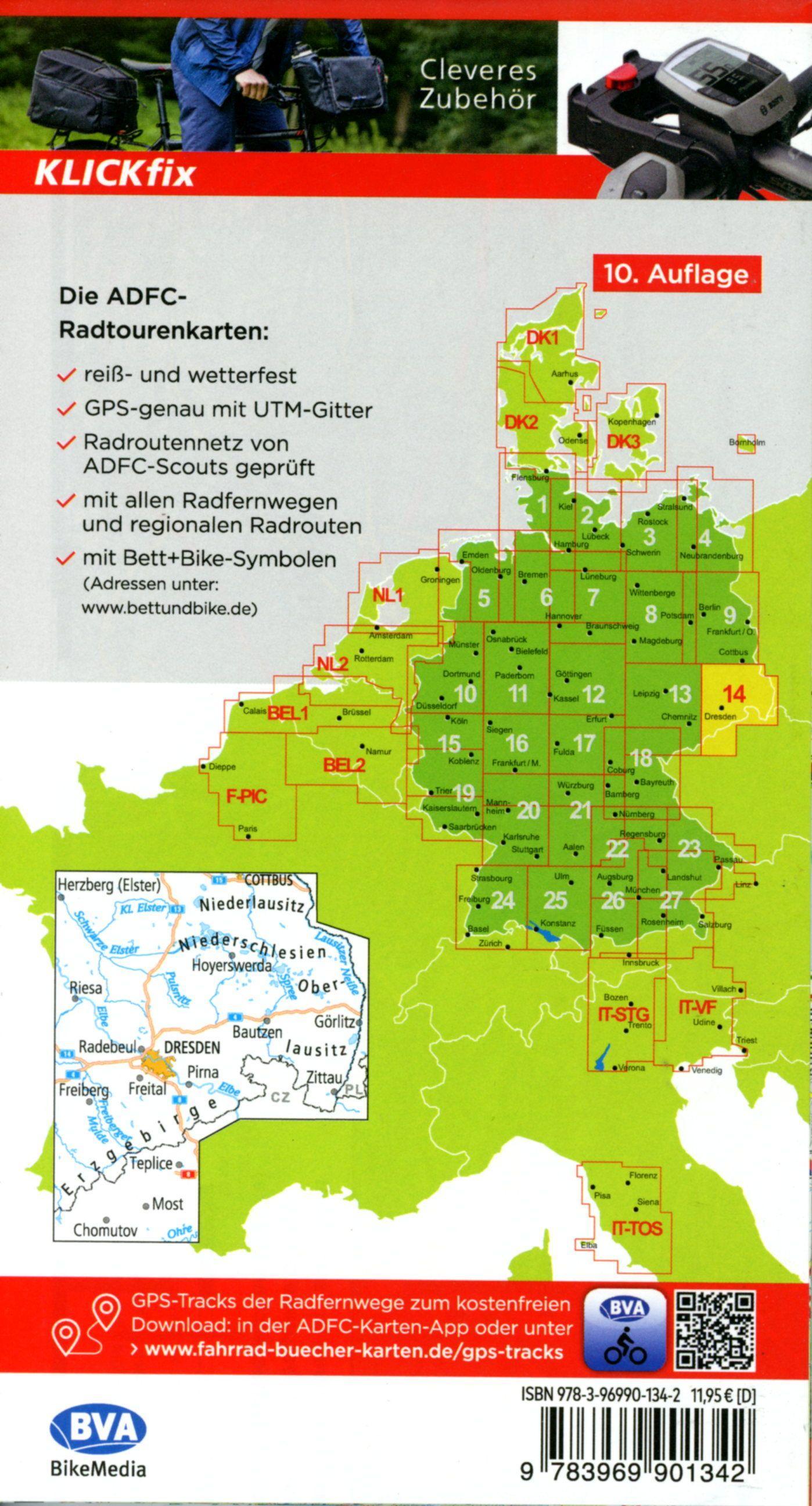 Beispielinhalt (Bild) ADFC-Radtourenkarte 14 Lausitz /Östliches Erzgebirge 1:150.000, reiß- und wetterfest, E-Bike geeignet, GPS-Tracks Download, mit Bett+Bike Symbolen, mit Kilometer-Angaben