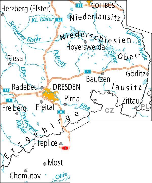Rückseitencover ADFC-Radtourenkarte 14 Lausitz /Östliches Erzgebirge 1:150.000, reiß- und wetterfest, E-Bike geeignet, GPS-Tracks Download, mit Bett+Bike Symbolen, mit Kilometer-Angaben