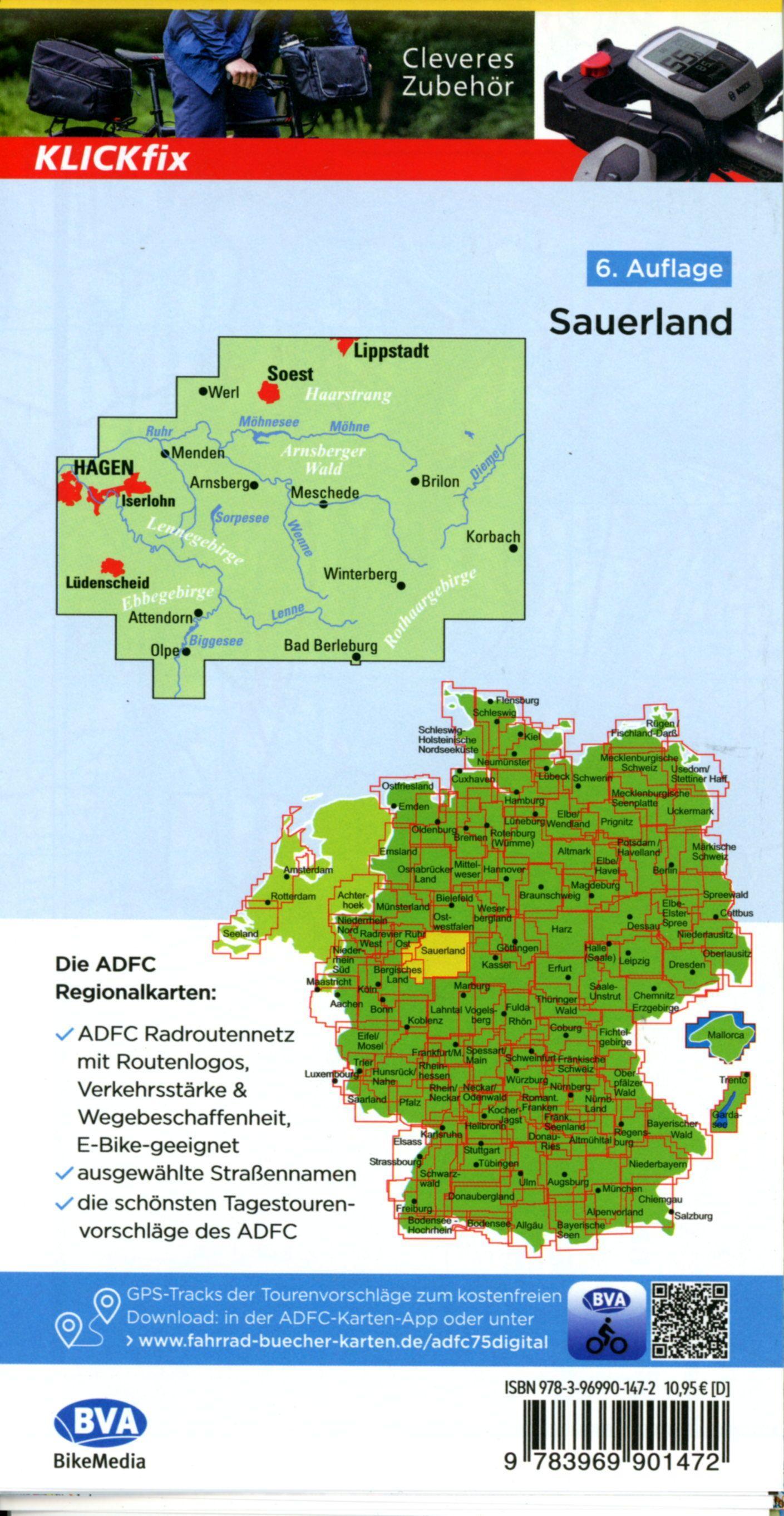 Beispielinhalt (Bild) ADFC-Regionalkarte Sauerland mit Tagestouren-Vorschlägen, 1:75.000, reiß- und wetterfest, GPS-Tracks Download