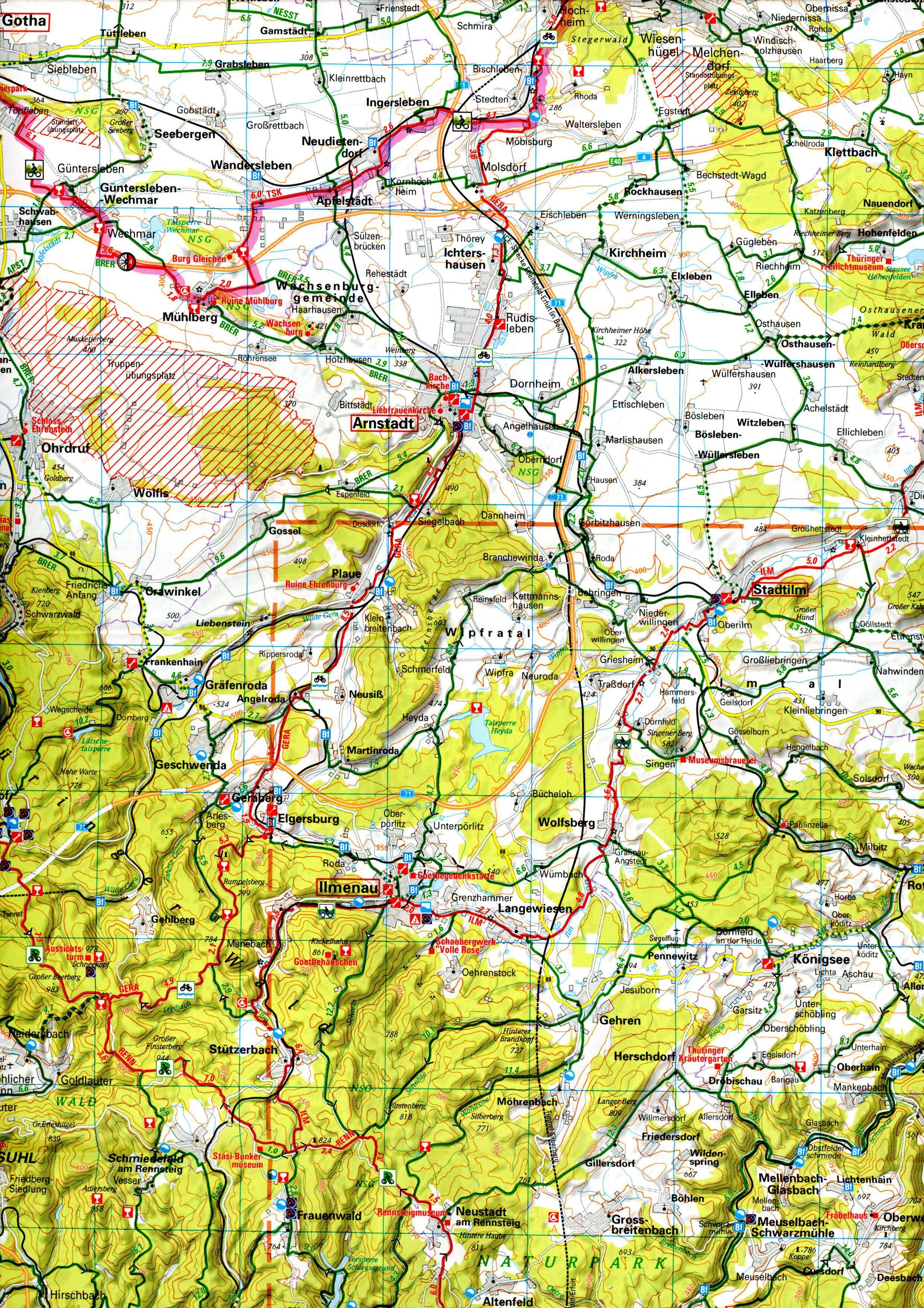 Beispielinhalt (Bild) ADFC-Radtourenkarte 17 Thüringer Wald Rhön 1:150.000, reiß- und wetterfest, E-Bike geeignet, GPS-Tracks Download, mit Bett+Bike Symbolen, mit Kilometer-Angaben