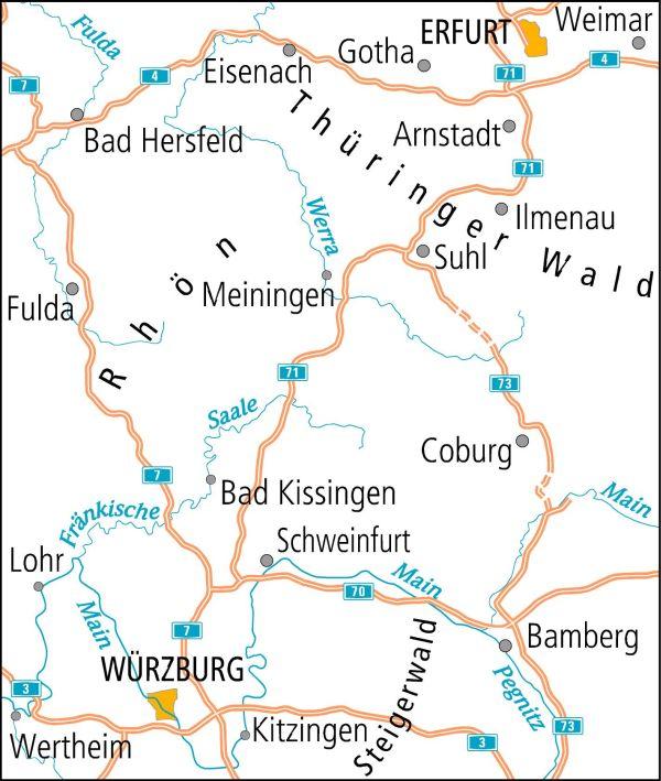 Rückseitencover ADFC-Radtourenkarte 17 Thüringer Wald Rhön 1:150.000, reiß- und wetterfest, E-Bike geeignet, GPS-Tracks Download, mit Bett+Bike Symbolen, mit Kilometer-Angaben