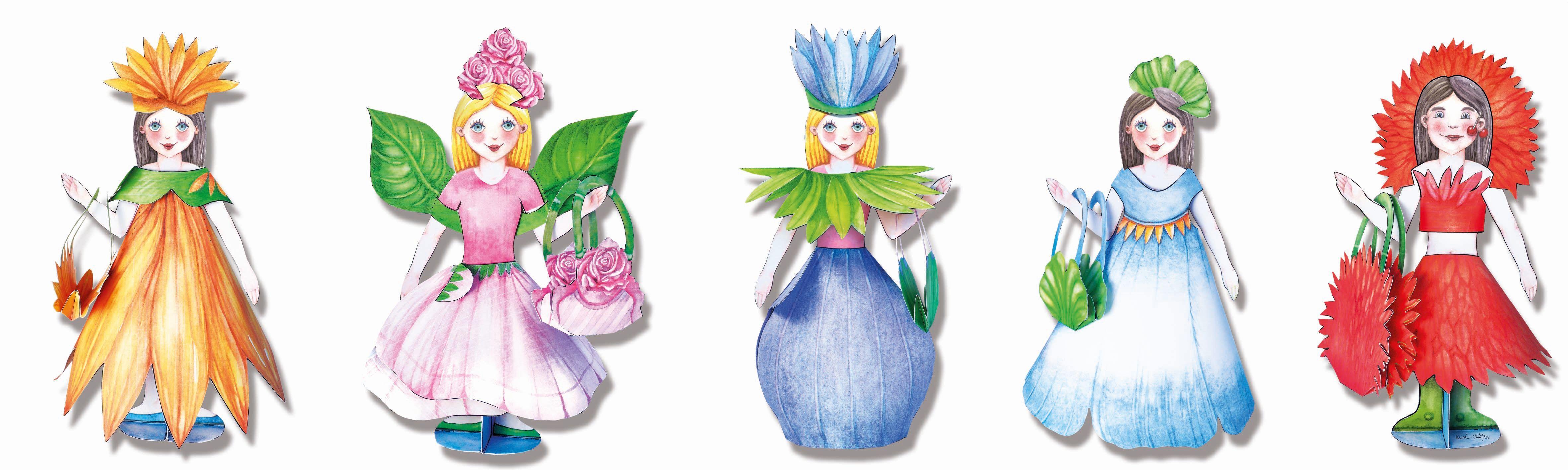 Beispielinhalt (Bild) Anziehpuppe Blüten Bastelbogen mit 3 Puppen aus Papier und 5 Outfits