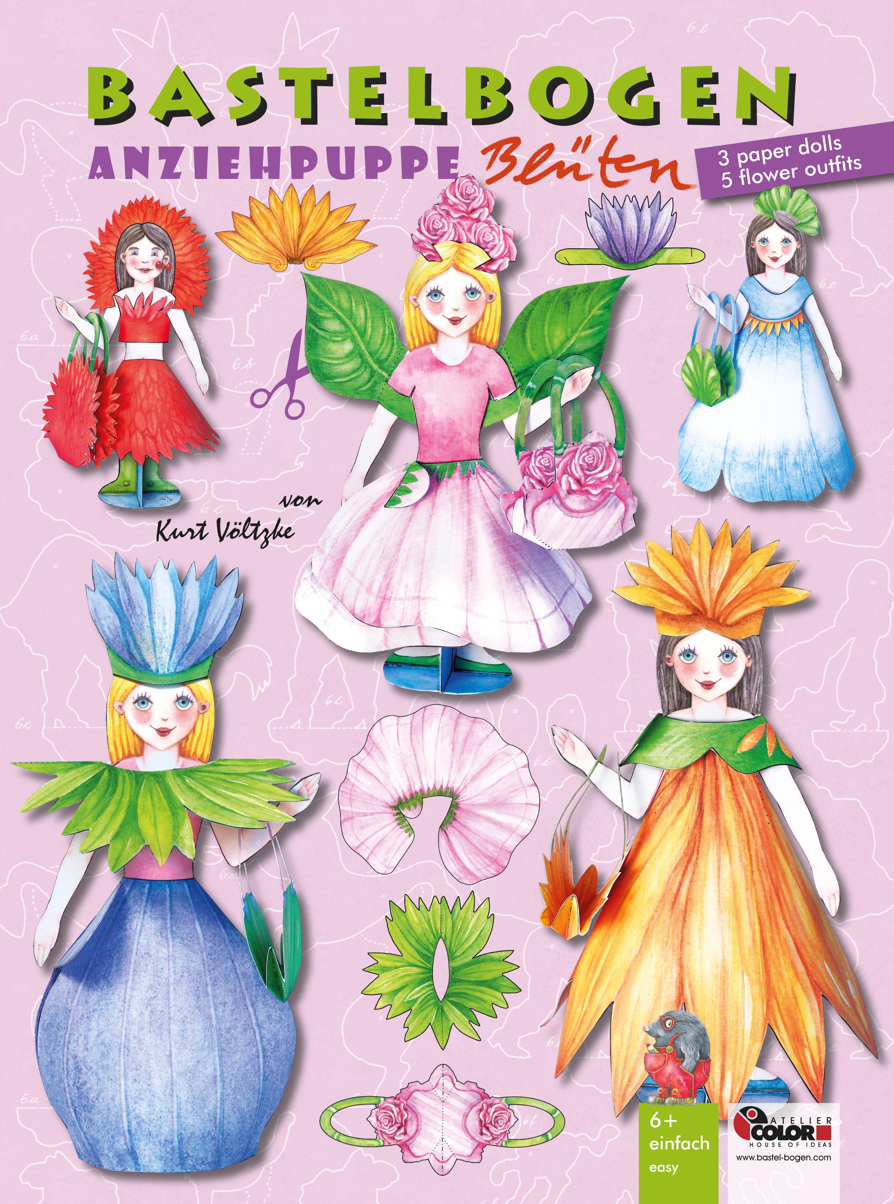 Vorderes Coverbild Anziehpuppe Blüten Bastelbogen mit 3 Puppen aus Papier und 5 Outfits