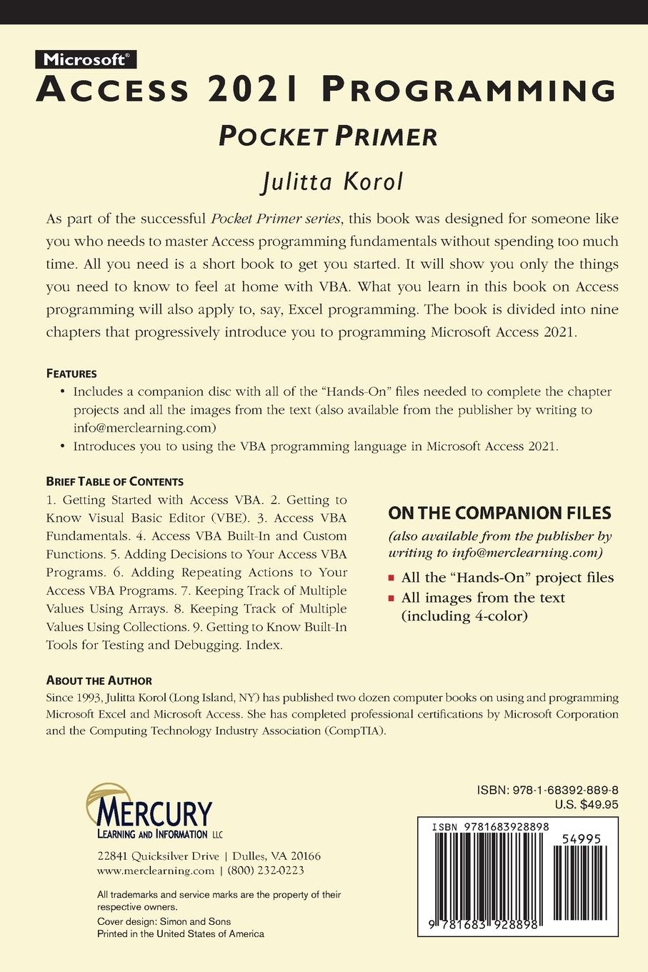 Rückseitencover Microsoft Access 2021 Programming Pocket Primer
