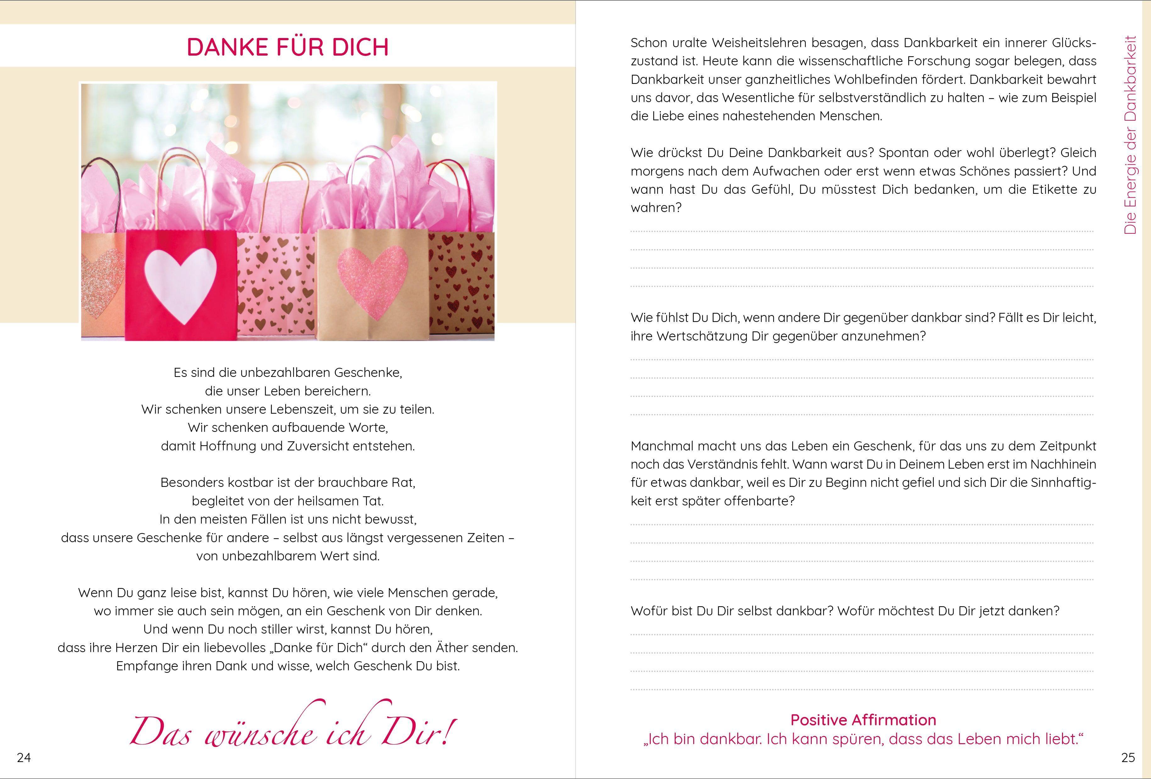 Beispielinhalt (Bild) Das wünsche ich Dir | Workbook zur Persönlichkeitsentwicklung & Selbstfindung | Lebensweisheiten, Selbstreflexionen, Positive Affirmationen, Meditationen und Übungen | 62 Lebensthemen