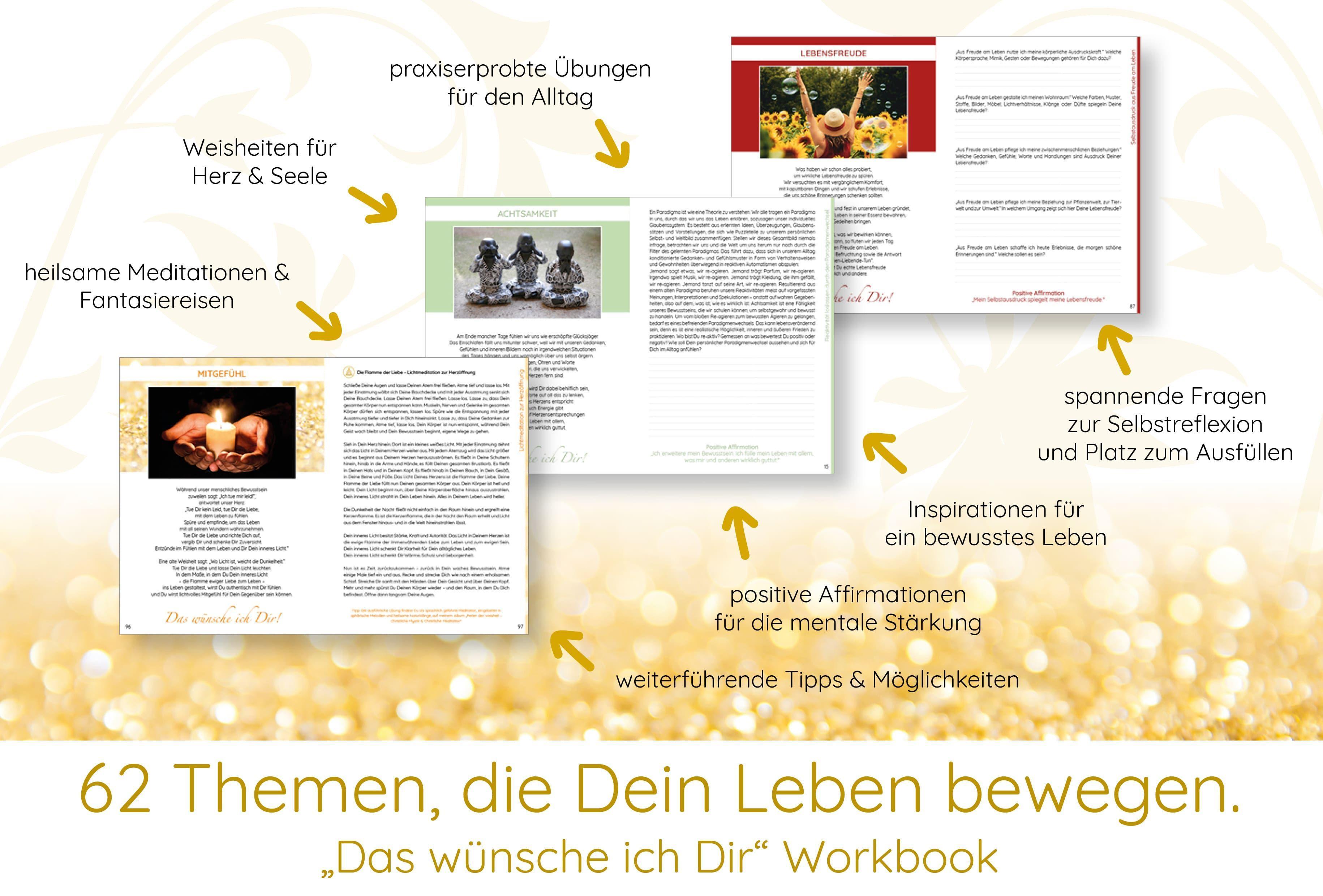 Beispielinhalt (Bild) Das wünsche ich Dir | Workbook zur Persönlichkeitsentwicklung & Selbstfindung | Lebensweisheiten, Selbstreflexionen, Positive Affirmationen, Meditationen und Übungen | 62 Lebensthemen