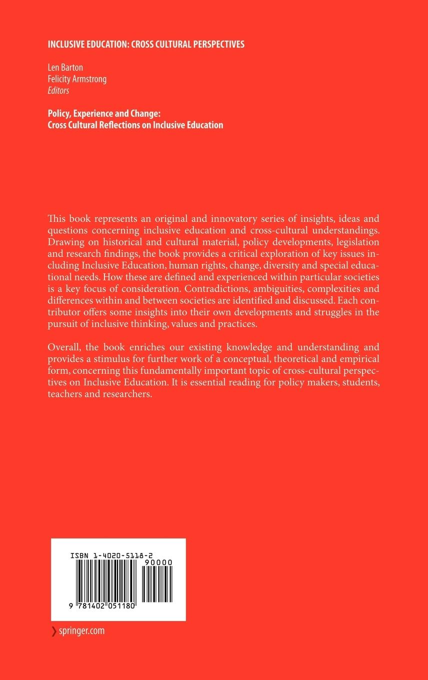 Rückseitencover Policy, Experience and Change: Cross-Cultural Reflections on Inclusive Education