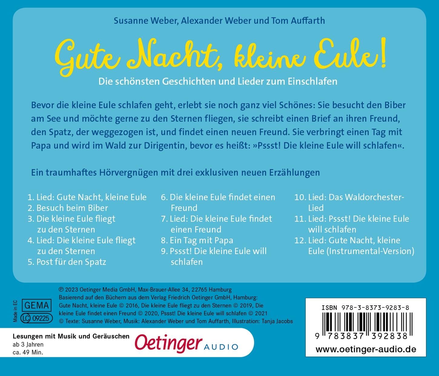 Rückseitencover Gute Nacht, kleine Eule! Die schönsten Geschichten und Lieder zum Einschlafen.