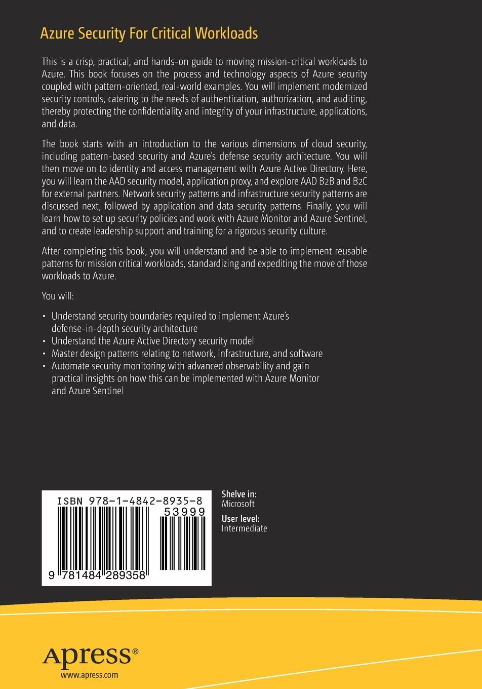 Rückseitencover Azure Security For Critical Workloads