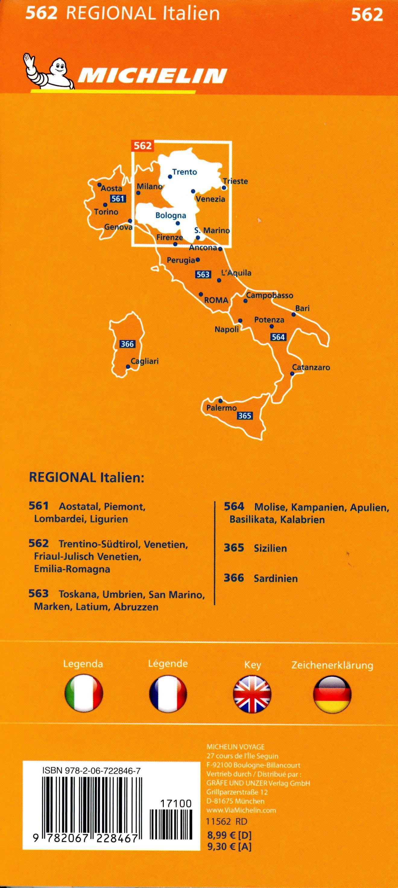 Beispielinhalt (Bild) Michelin Trentino-Südtirol,Venetien, Friaul-Julisch Venetien, Emilia Romagna. Straßen- und Tourismuskarte 1:400.000