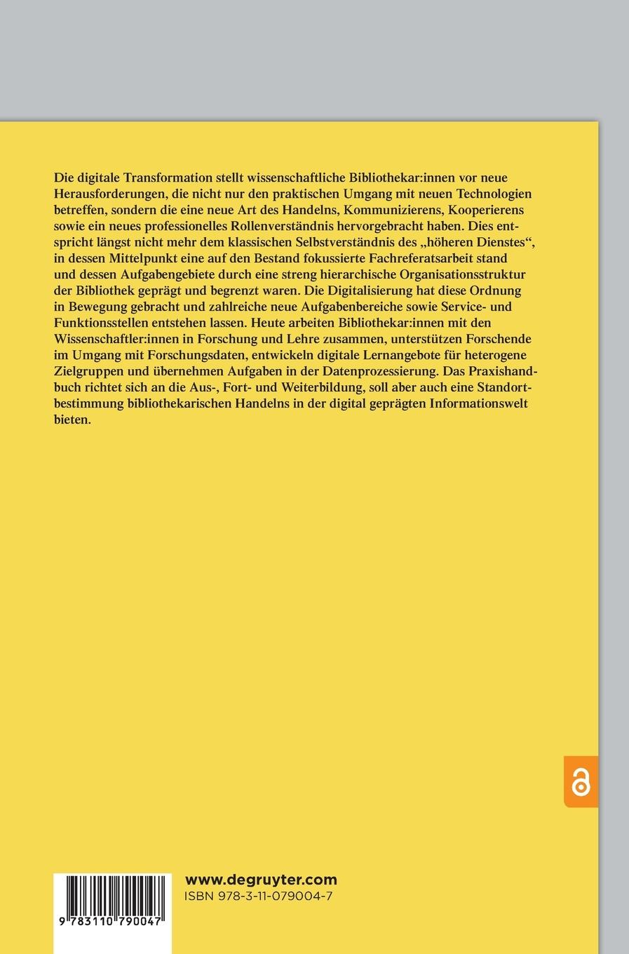 Rückseitencover Praxishandbuch Wissenschaftliche Bibliothekar:innen